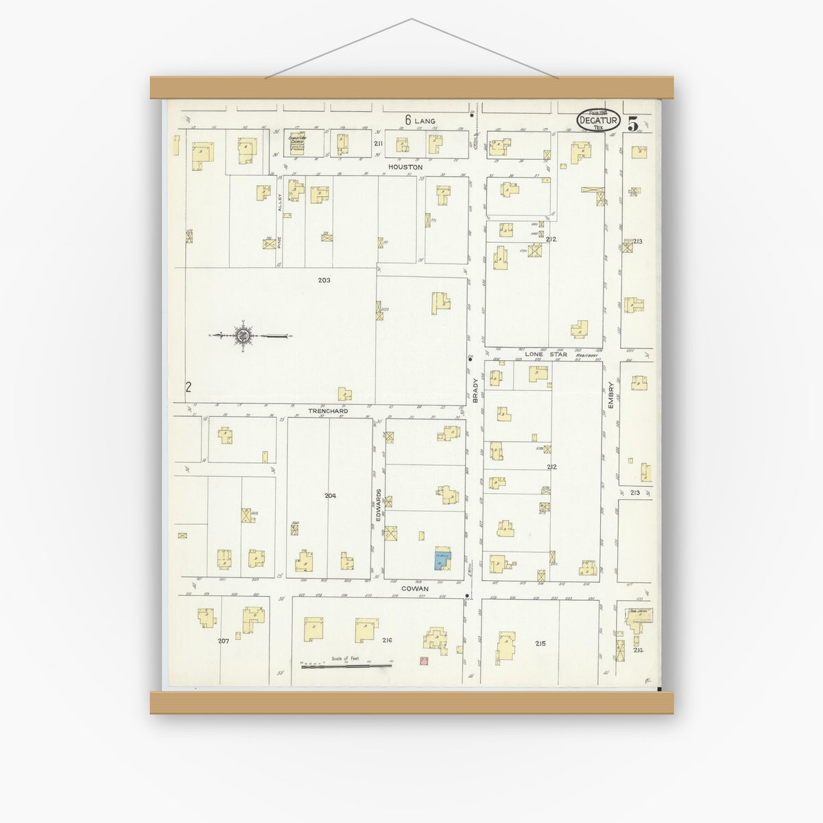 Old map wall art mockup — magnetic wood frame on white wall — Sanborn Fire Insurance Map from Decatur, Wise County, Texas (1914), Sheet #0005