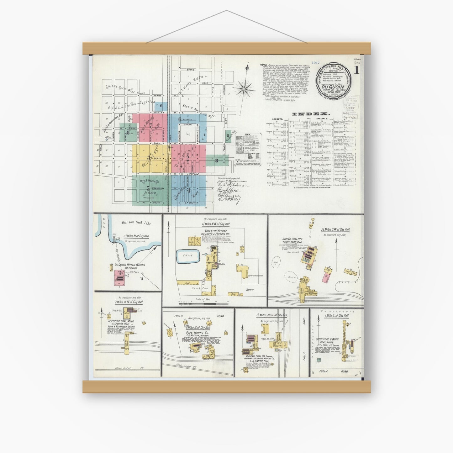 Old map wall art mockup — magnetic wood frame on white wall — Sanborn Fire Insurance Map from Du Quoin, Perry County, Illinois (1900) - Complete Map Set