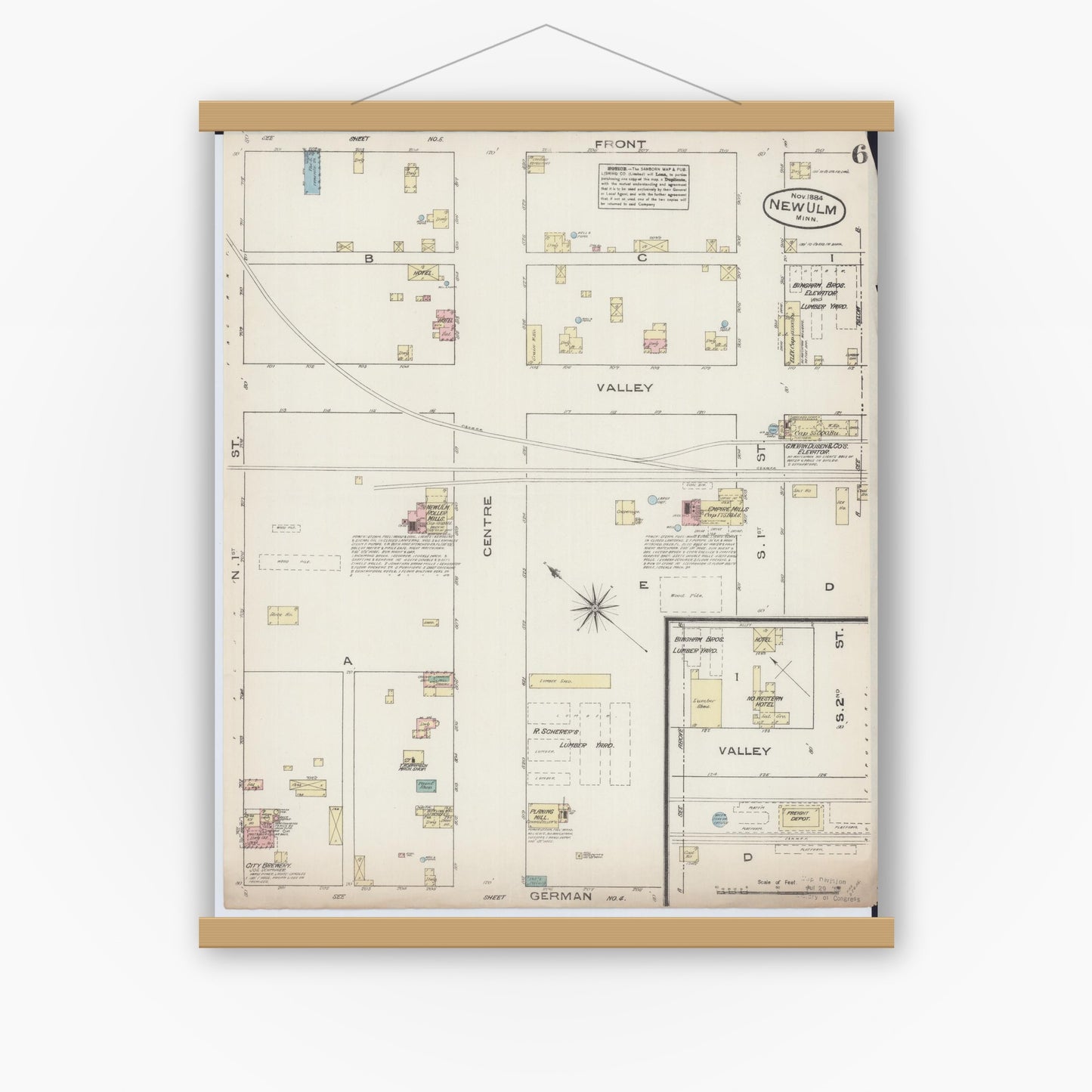 Old map wall art mockup — magnetic wood frame on white wall — Sanborn Fire Insurance Map from New Ulm, Brown County, Minnesota (1884), Sheet #0006