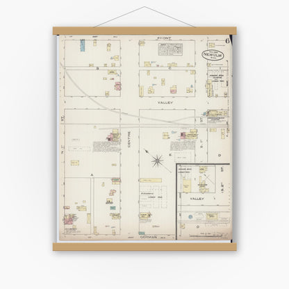 Old map wall art mockup — magnetic wood frame on white wall — Sanborn Fire Insurance Map from New Ulm, Brown County, Minnesota (1884), Sheet #0006