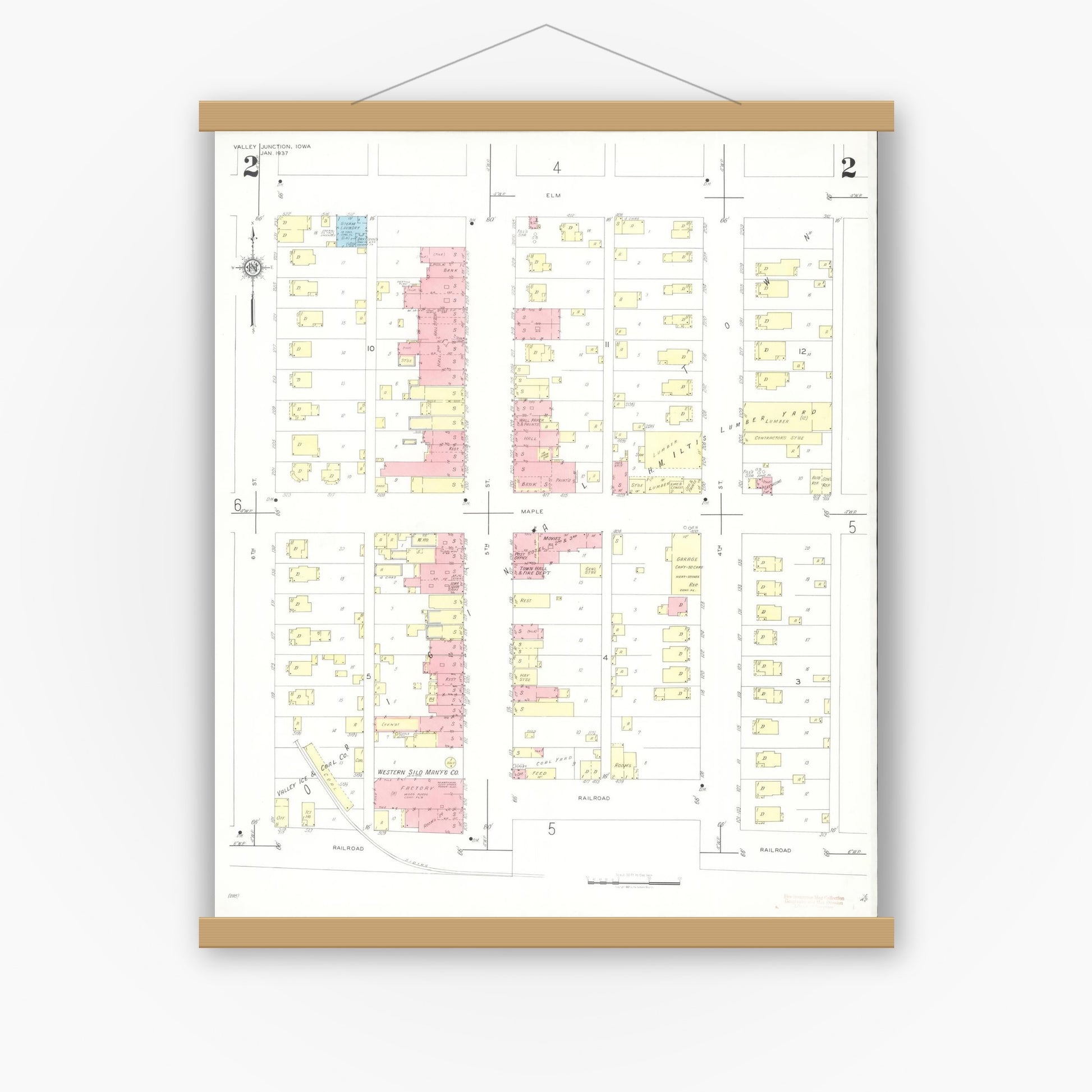 Old map wall art mockup — magnetic wood frame on white wall — Sanborn Fire Insurance Map from Valley Junction, Polk County, Iowa (1937), Sheet #0002