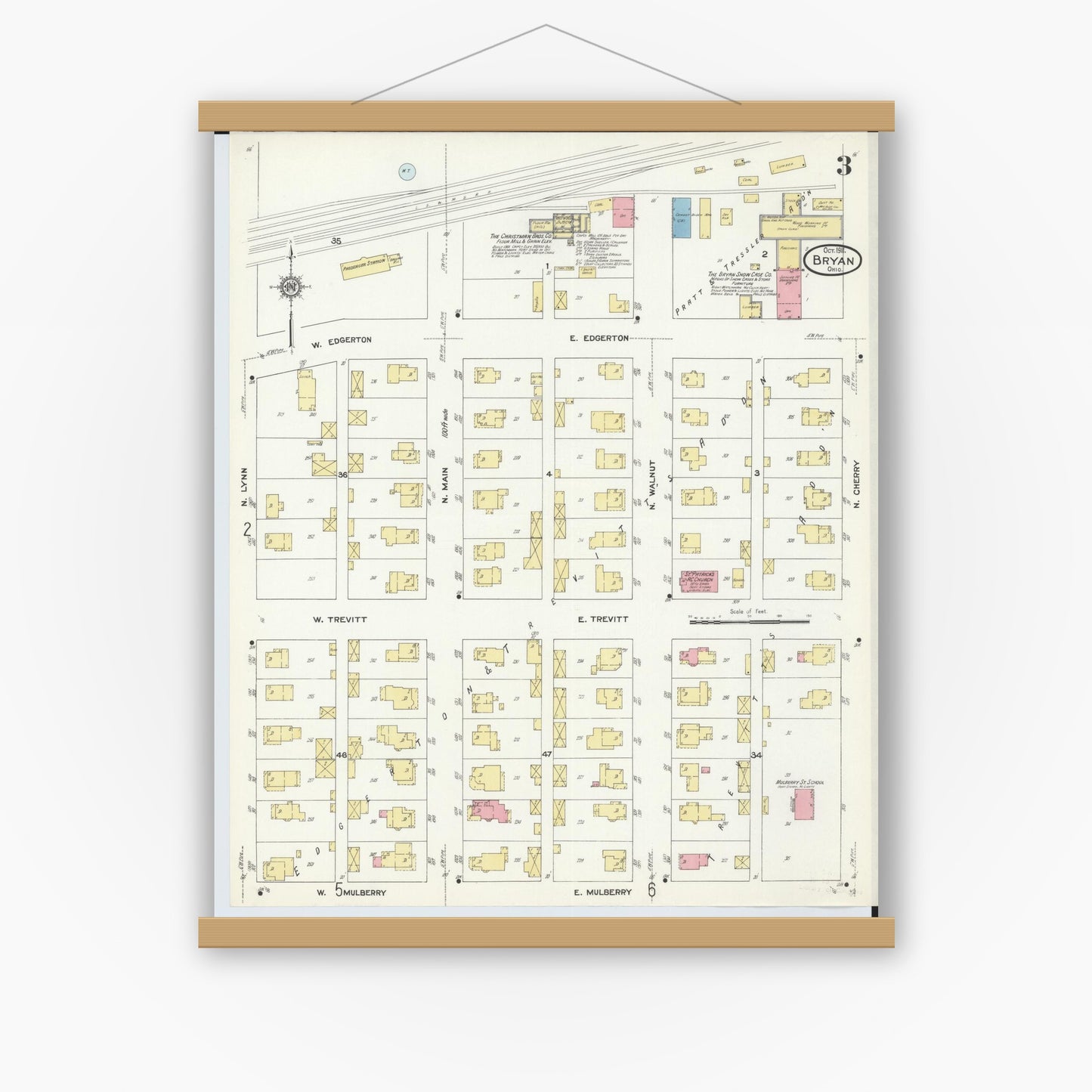Old map wall art mockup — magnetic wood frame on white wall — Sanborn Fire Insurance Map from Bryan, Williams County, Ohio (1911), Sheet #0003