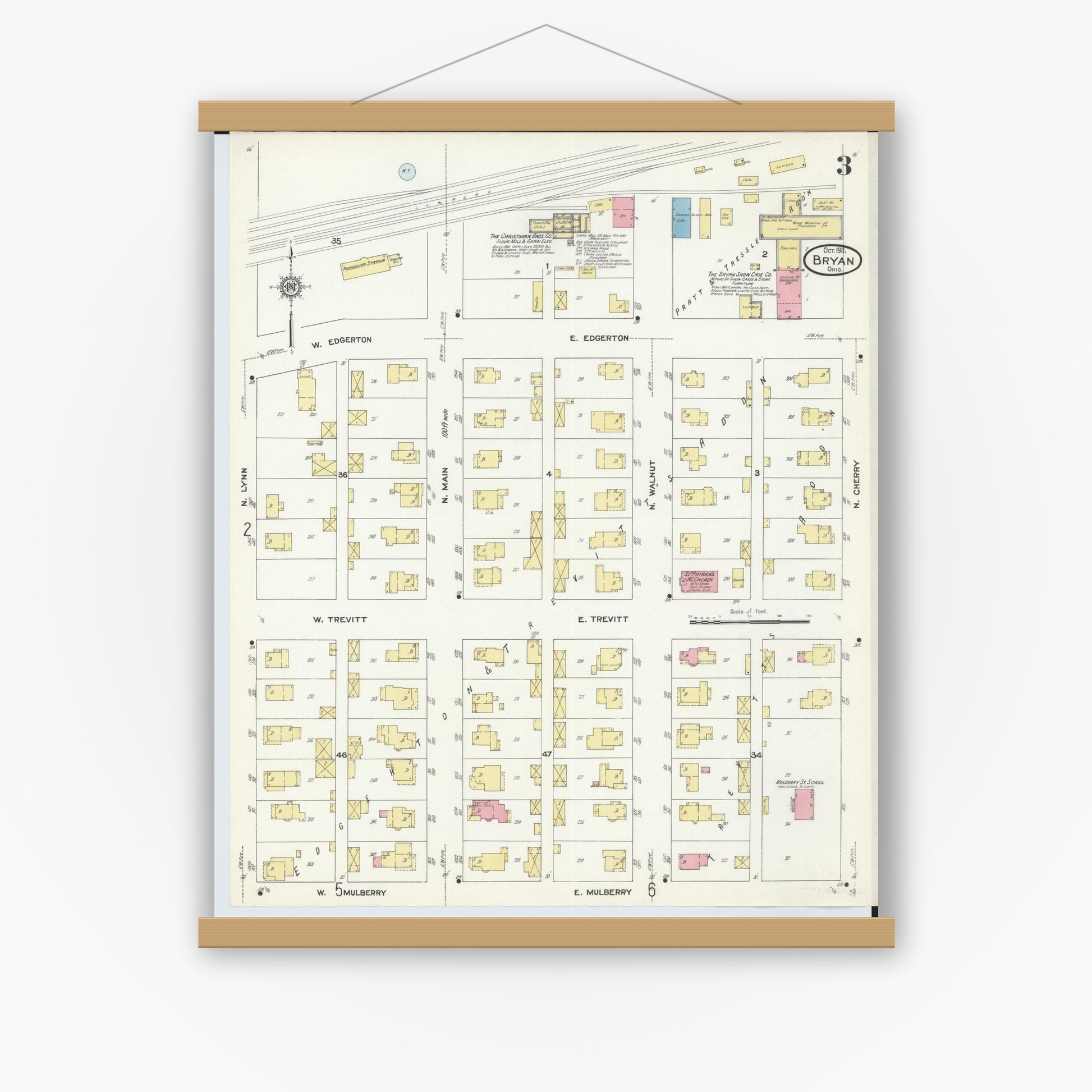 Old map wall art mockup — magnetic wood frame on white wall — Sanborn Fire Insurance Map from Bryan, Williams County, Ohio (1911), Sheet #0003