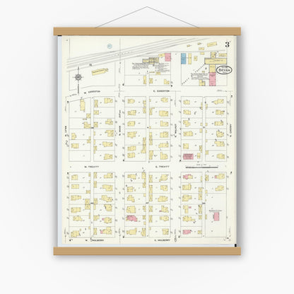 Old map wall art mockup — magnetic wood frame on white wall — Sanborn Fire Insurance Map from Bryan, Williams County, Ohio (1911), Sheet #0003