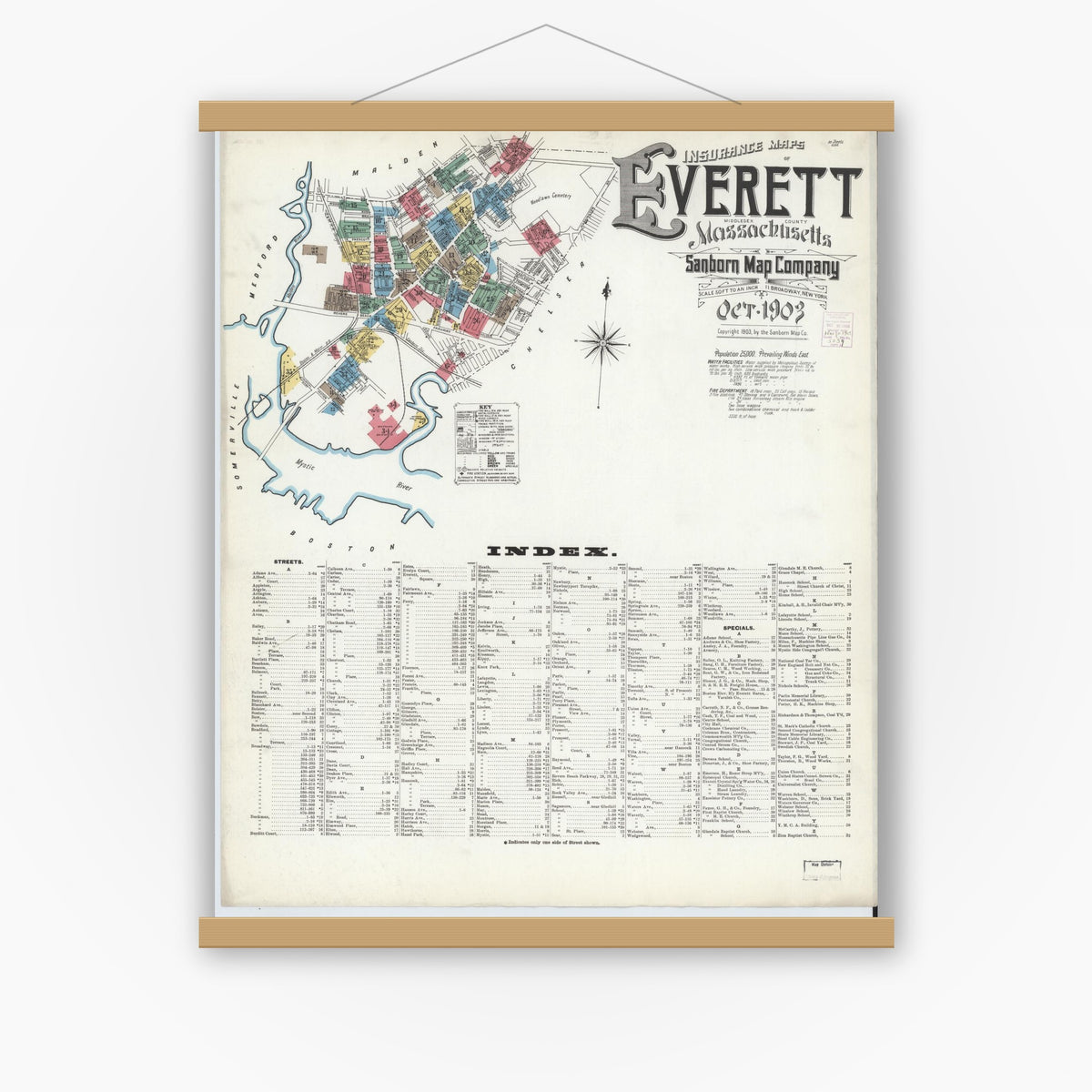 Old map wall art mockup — magnetic wood frame on white wall — Sanborn Fire Insurance Map from Everett, Middlesex County, Massachusetts (1903), Sheet #0001