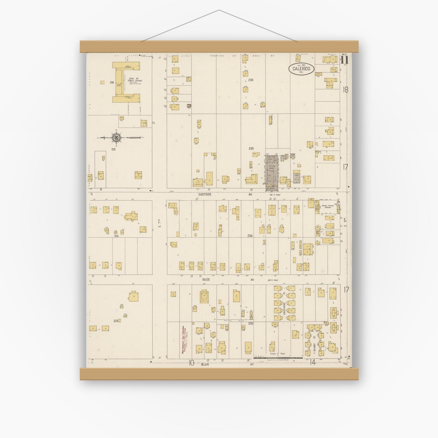 Old map wall art mockup — magnetic wood frame on white wall — Sanborn Fire Insurance Map from Calexico, Imperial County, California (1920), Sheet #0011