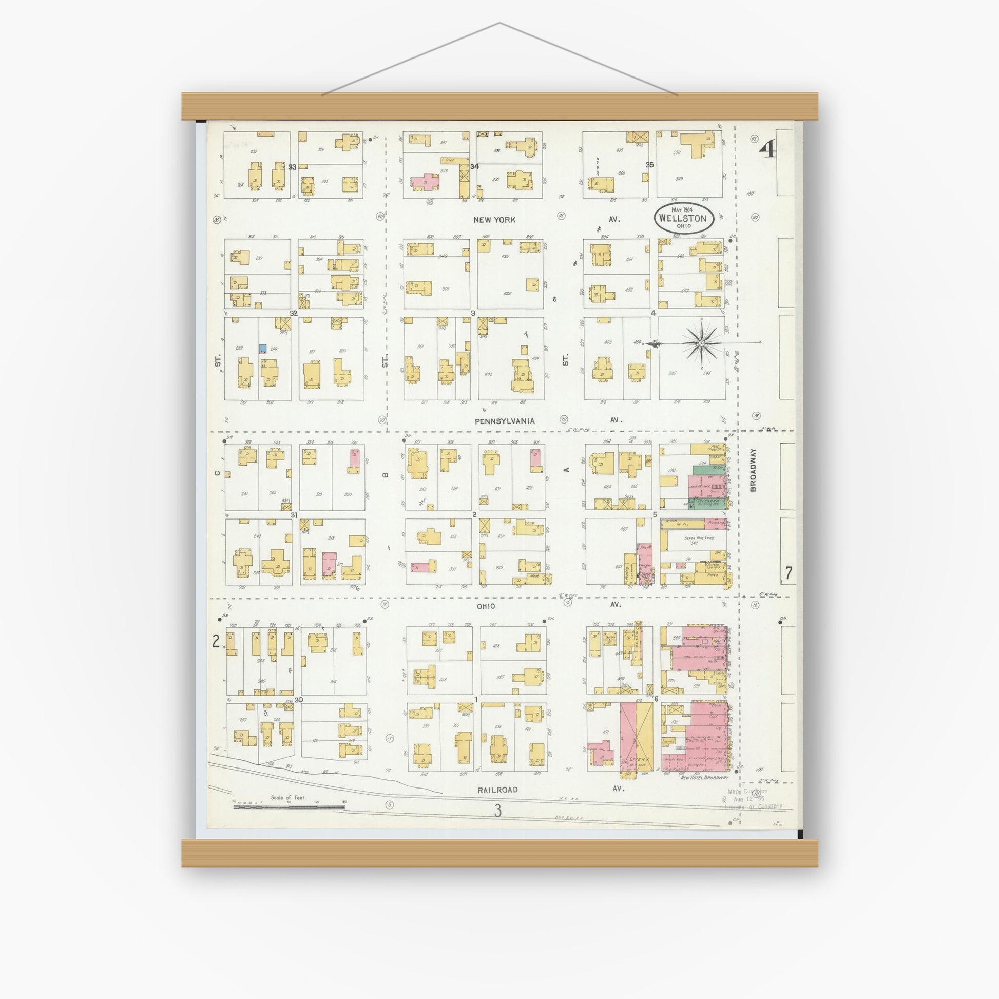 Old map wall art mockup — magnetic wood frame on white wall — Sanborn Fire Insurance Map from Wellston, Jackson County, Ohio (1904), Sheet #0004