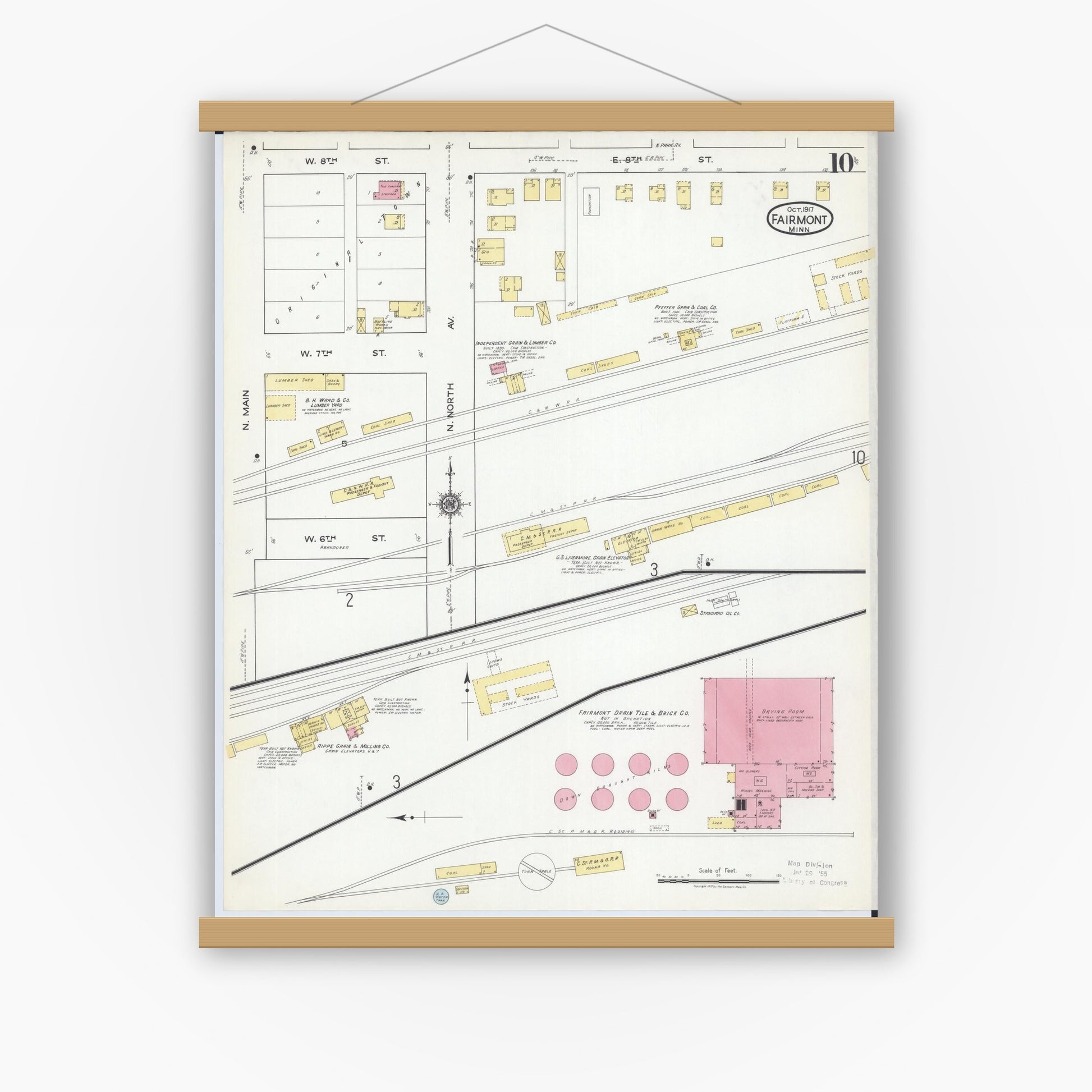 Old map wall art mockup — magnetic wood frame on white wall — Sanborn Fire Insurance Map from Fairmont, Martin County, Minnesota (1917), Sheet #0010