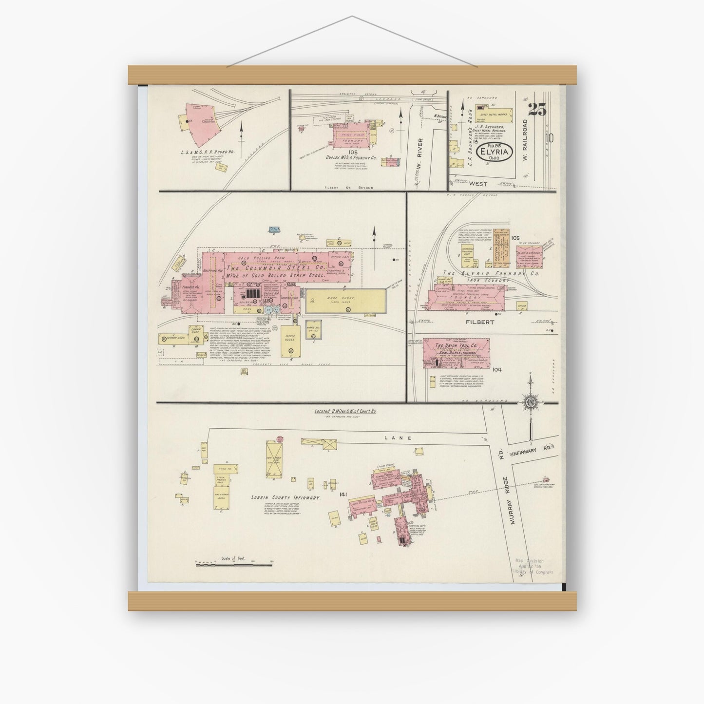 Old map wall art mockup — magnetic wood frame on white wall — Sanborn Fire Insurance Map from Elyria, Lorain County, Ohio (1915), Sheet #0025