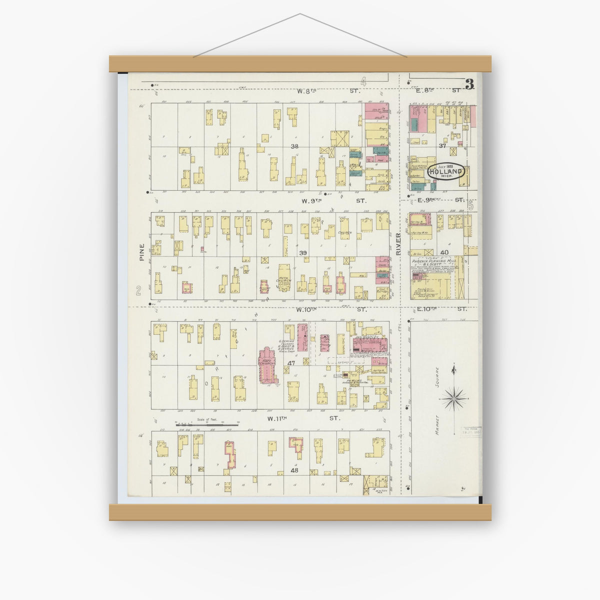 Old map wall art mockup — magnetic wood frame on white wall — Sanborn Fire Insurance Map from Holland, Ottawa County, Michigan (1893), Sheet #0003