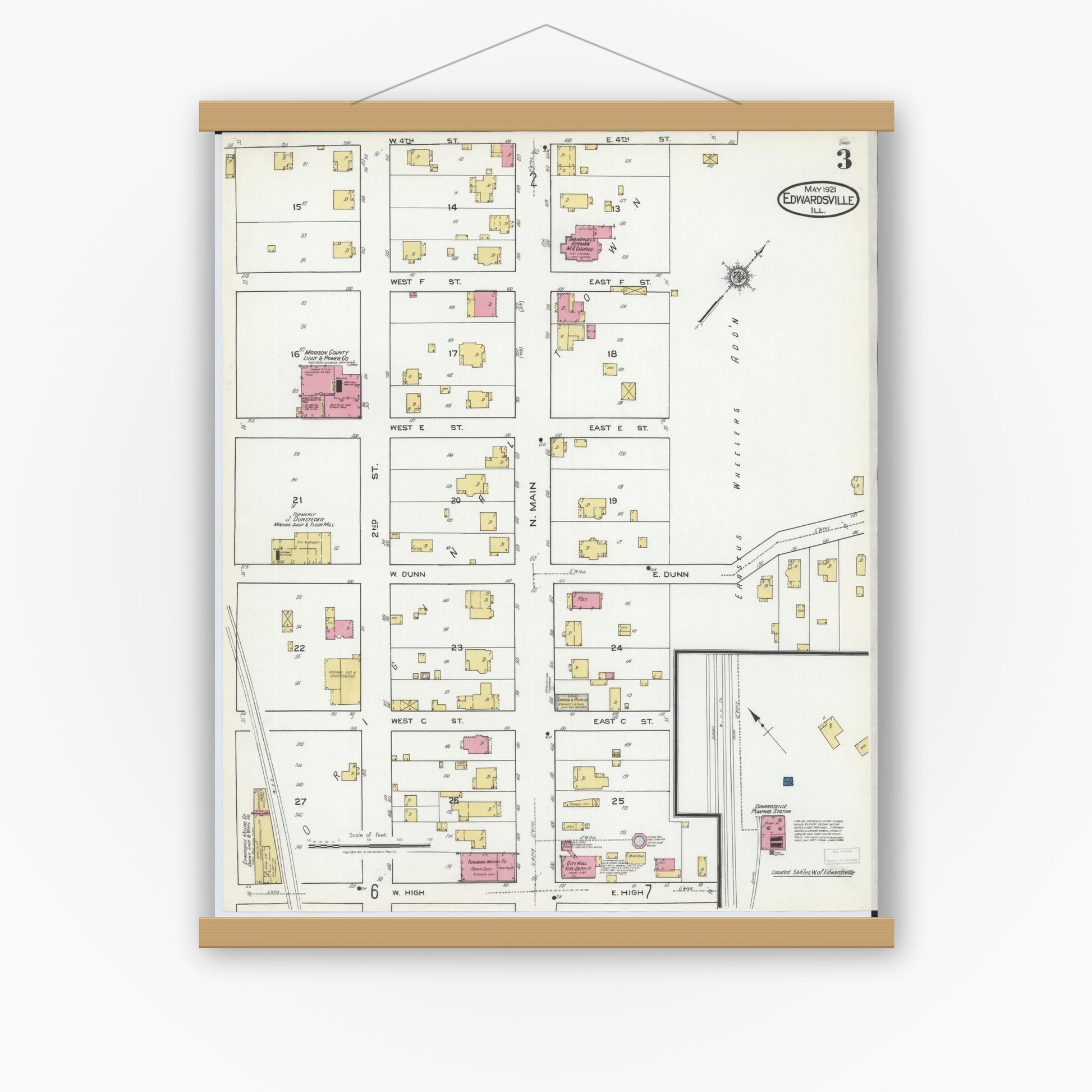 Old map wall art mockup — magnetic wood frame on white wall — Sanborn Fire Insurance Map from Edwardsville, Madison County, Illinois (1921), Sheet #0003