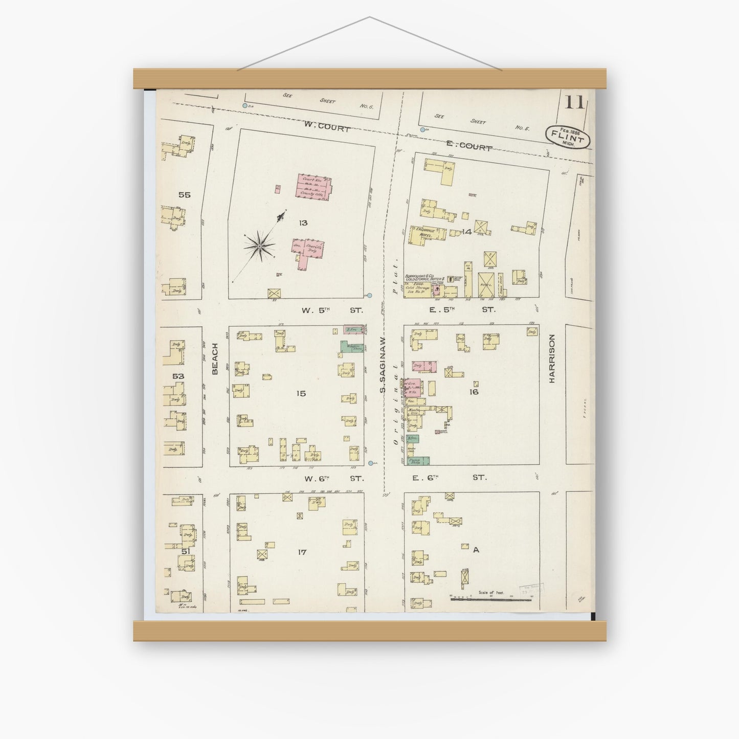 Old map wall art mockup — magnetic wood frame on white wall — Sanborn Fire Insurance Map from Flint, Genesee County, Michigan (1886), Sheet #0011