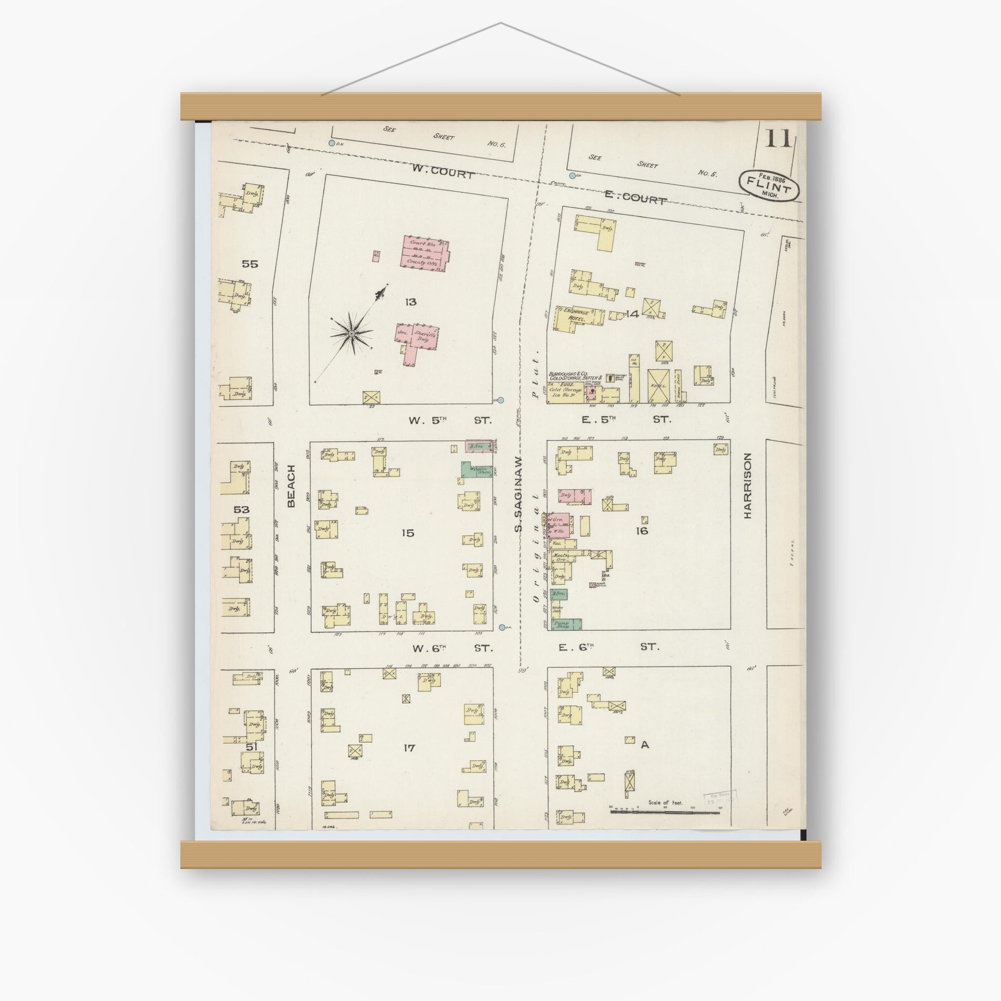 Old map wall art mockup — magnetic wood frame on white wall — Sanborn Fire Insurance Map from Flint, Genesee County, Michigan (1886), Sheet #0011