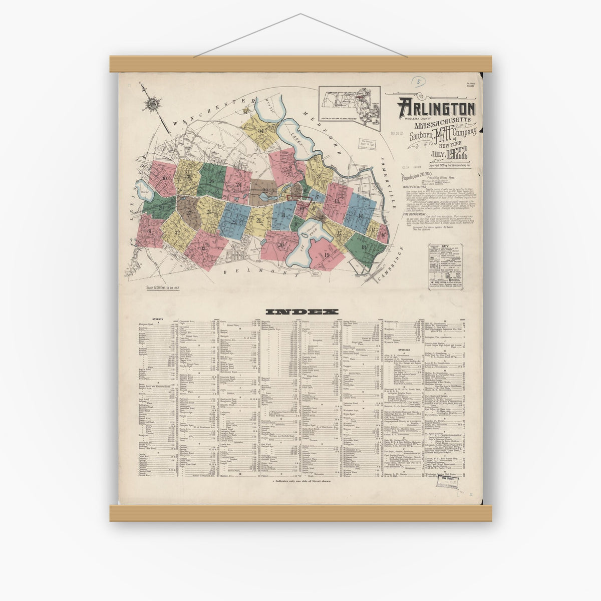 Old map wall art mockup — magnetic wood frame on white wall — Sanborn Fire Insurance Map from Arlington, Middlesex County, Massachusetts (1922) - Complete Map Set