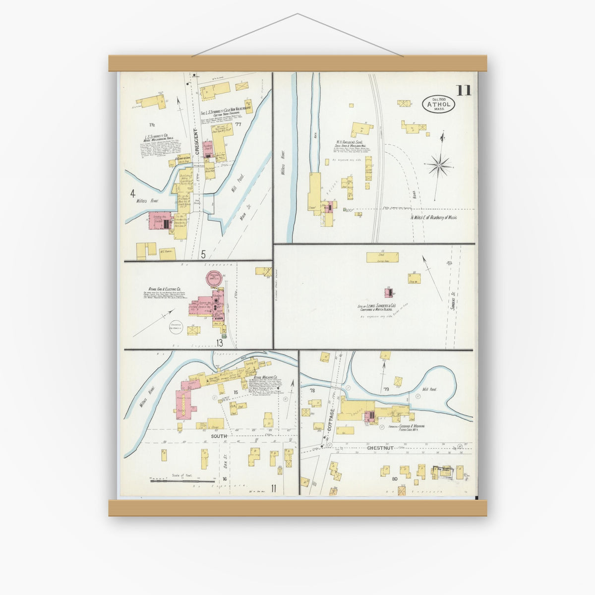 Old map wall art mockup — magnetic wood frame on white wall — Sanborn Fire Insurance Map from Athol, Worcester County, Massachusetts (1900), Sheet #0011