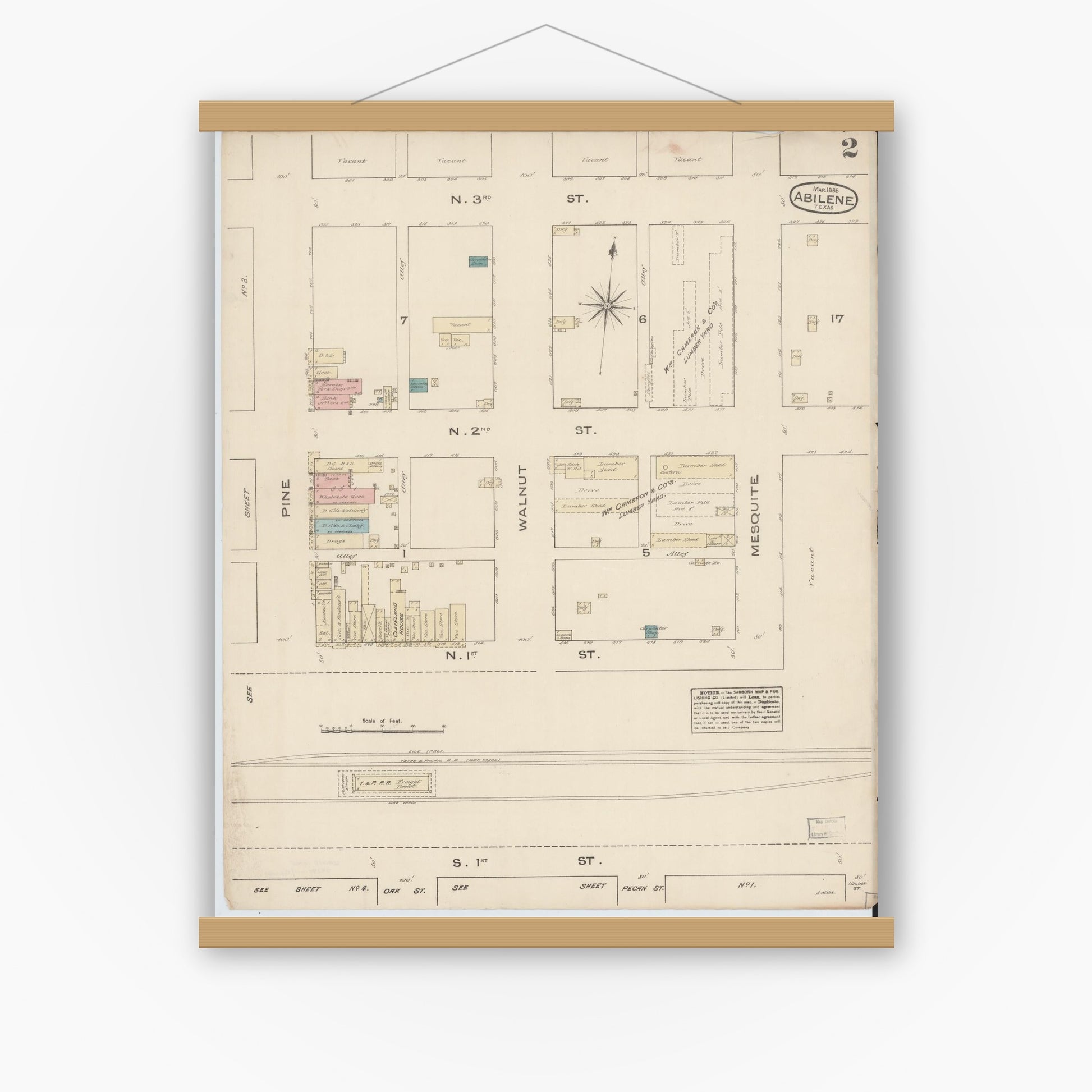 Old map wall art mockup — magnetic wood frame on white wall — Sanborn Fire Insurance Map from Abilene, Taylor County, Texas (1885), Sheet #0002