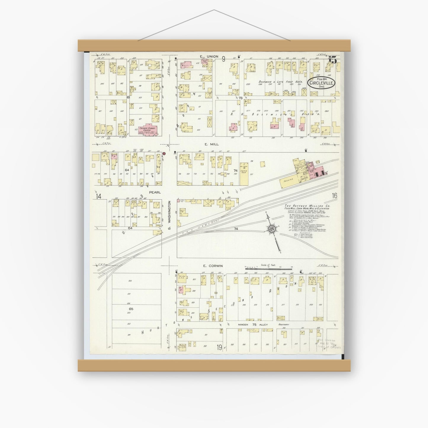 Old map wall art mockup — magnetic wood frame on white wall — Sanborn Fire Insurance Map from Circleville, Pickaway County, Ohio (1914), Sheet #0015