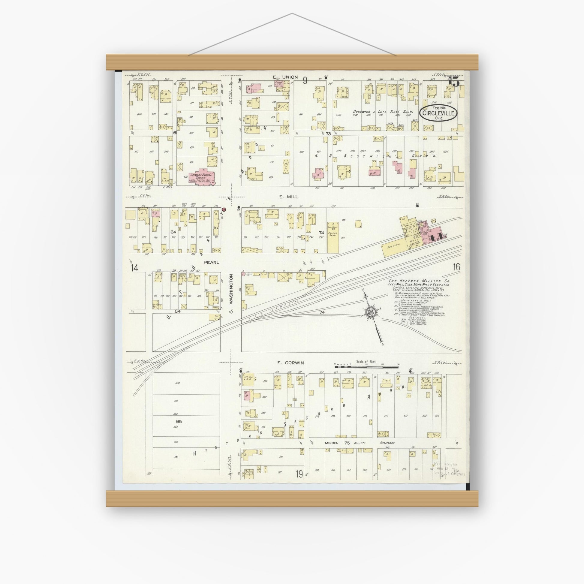 Old map wall art mockup — magnetic wood frame on white wall — Sanborn Fire Insurance Map from Circleville, Pickaway County, Ohio (1914), Sheet #0015