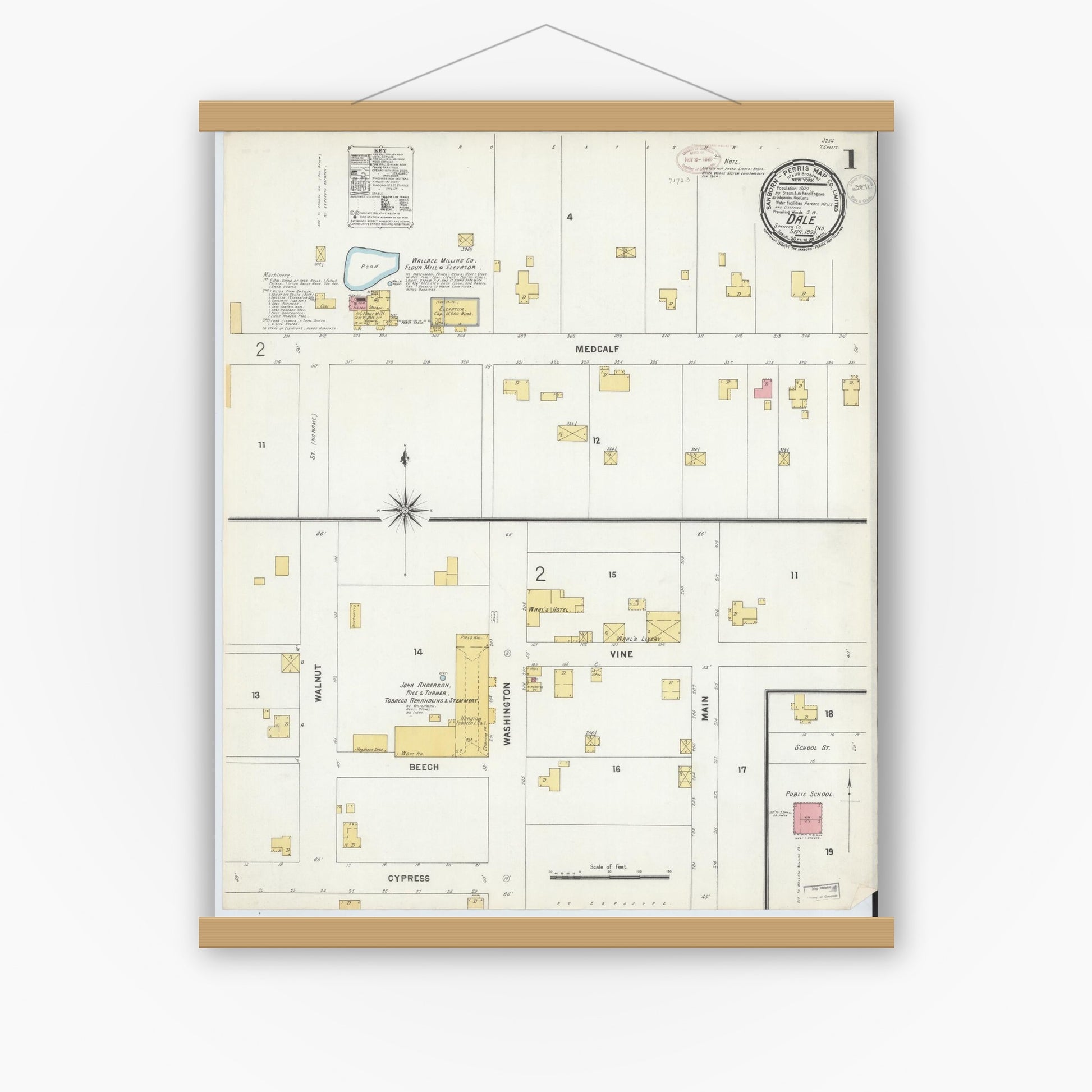 Old map wall art mockup — magnetic wood frame on white wall — Sanborn Fire Insurance Map from Dale, Spencer County, Indiana (1899) - Complete Map Set
