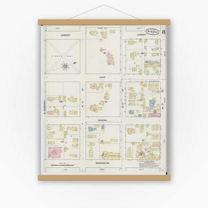 Old map wall art mockup — magnetic wood frame on white wall — Sanborn Fire Insurance Map from Winona, Winona County, Minnesota (1889), Sheet #0008
