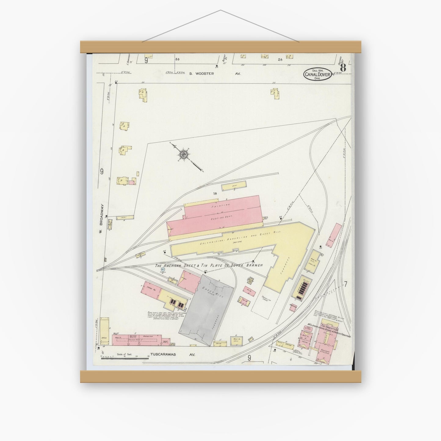 Old map wall art mockup — magnetic wood frame on white wall — Sanborn Fire Insurance Map from Canal Dover, Tuscarawas County, Ohio (1914), Sheet #0008