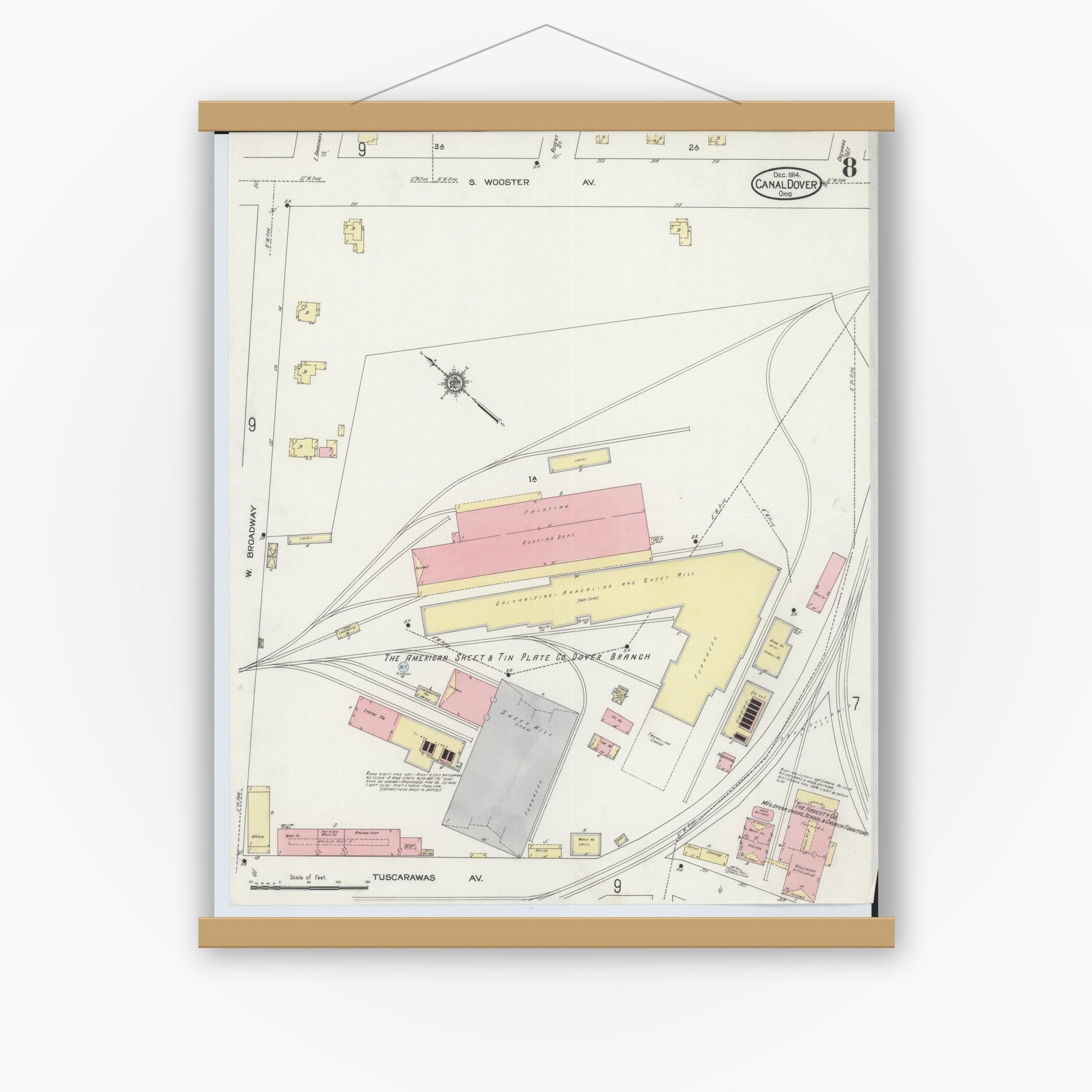 Old map wall art mockup — magnetic wood frame on white wall — Sanborn Fire Insurance Map from Canal Dover, Tuscarawas County, Ohio (1914), Sheet #0008