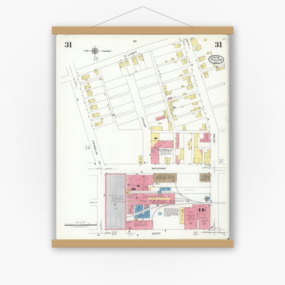 Old map wall art mockup — magnetic wood frame on white wall — Sanborn Fire Insurance Map from Salem, Columbiana County, Ohio (1926), Sheet #0031