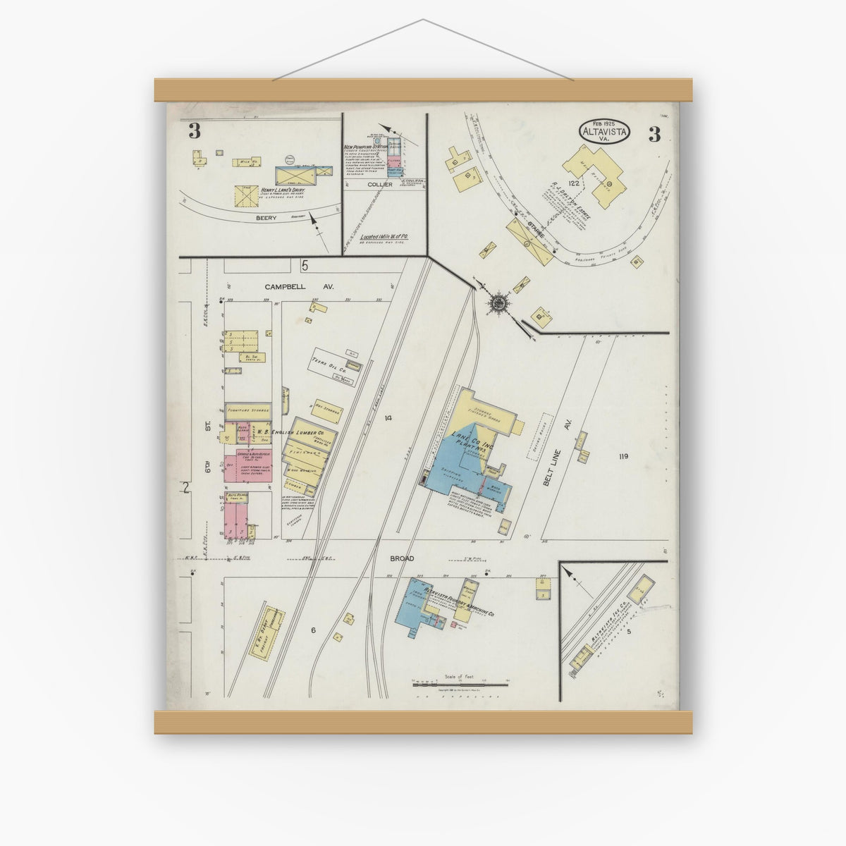 Old map wall art mockup — magnetic wood frame on white wall — Sanborn Fire Insurance Map from Altavista, Campbell County, Virginia (1925), Sheet #0003