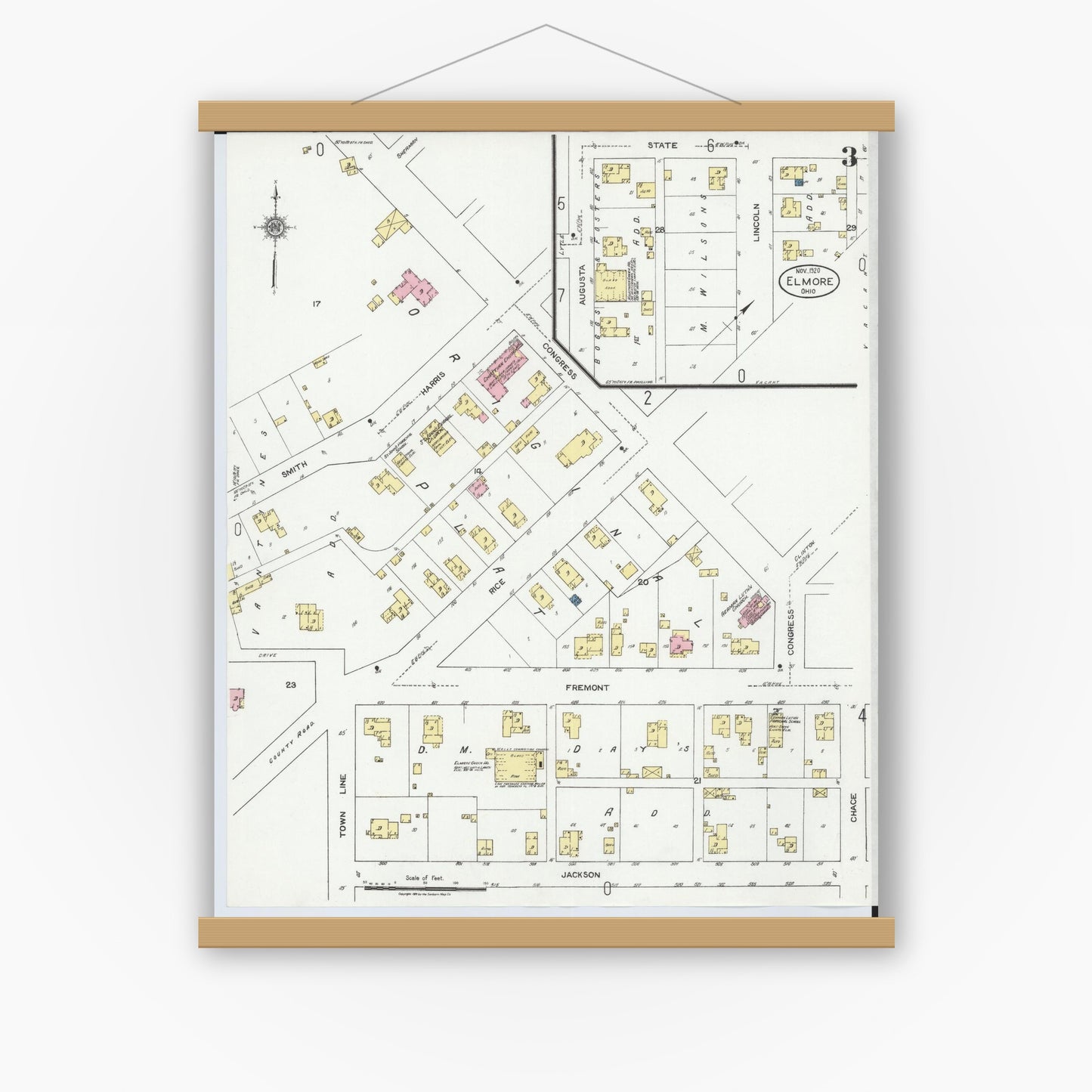 Old map wall art mockup — magnetic wood frame on white wall — Sanborn Fire Insurance Map from Elmore, Ottawa County, Ohio (1920), Sheet #0003