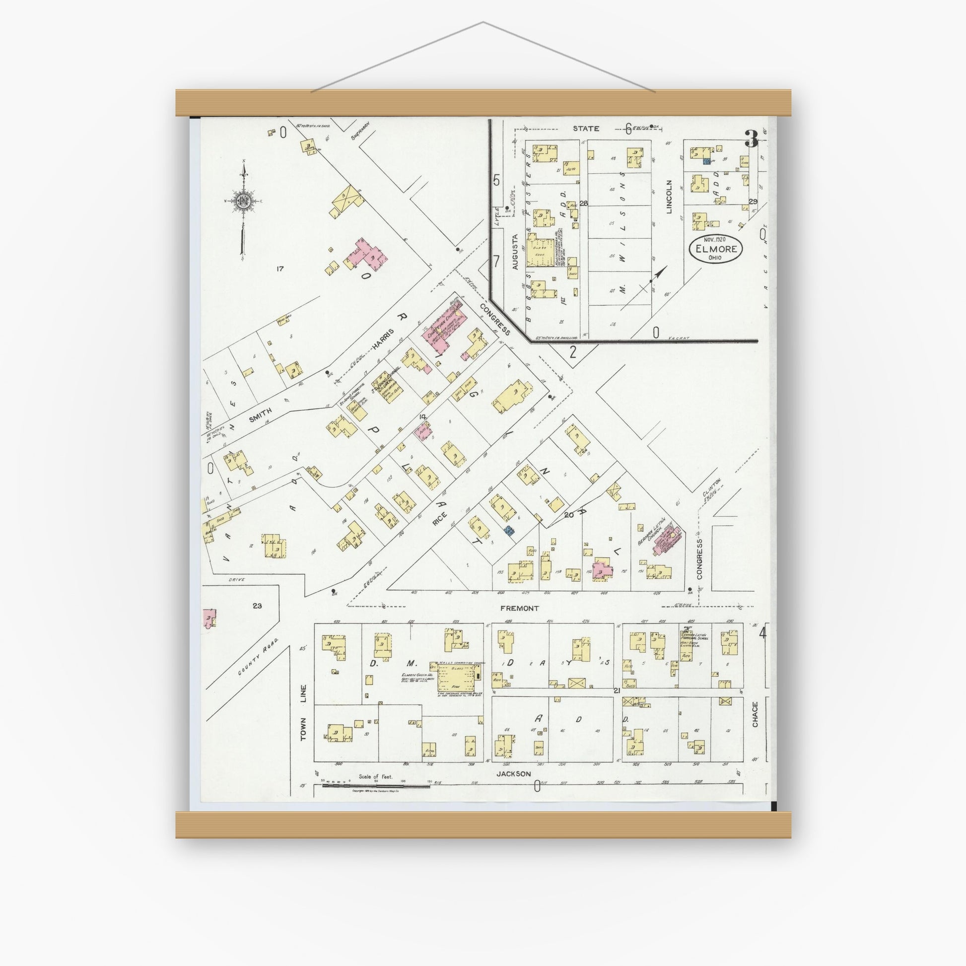 Old map wall art mockup — magnetic wood frame on white wall — Sanborn Fire Insurance Map from Elmore, Ottawa County, Ohio (1920), Sheet #0003