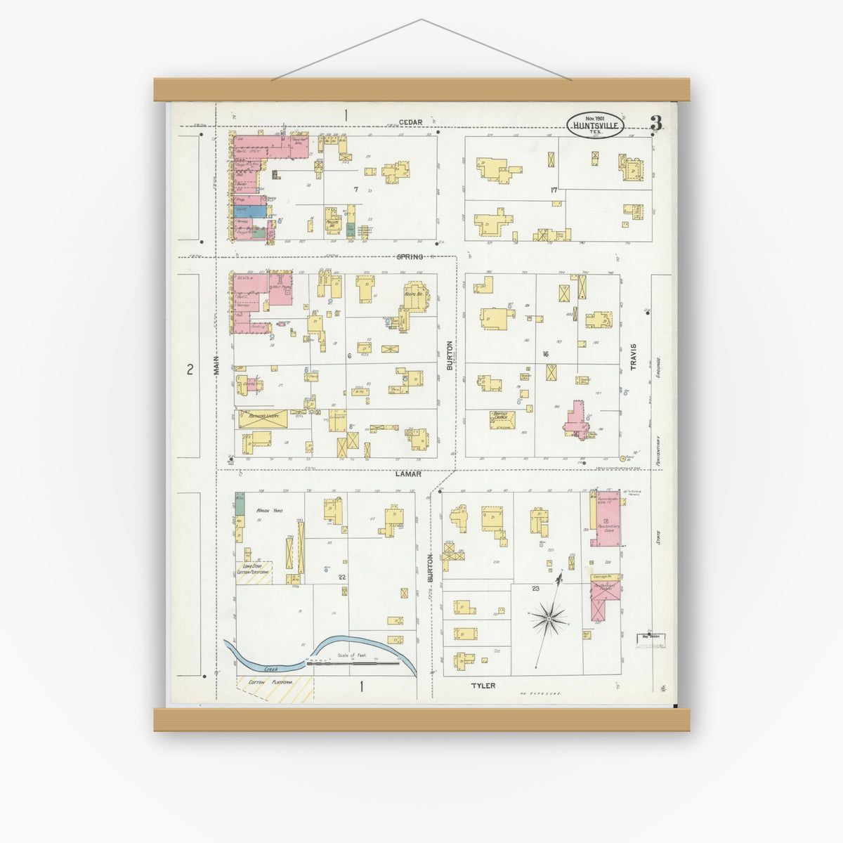 Old map wall art mockup — magnetic wood frame on white wall — Sanborn Fire Insurance Map from Huntsville, Walker County, Texas (1901), Sheet #0003