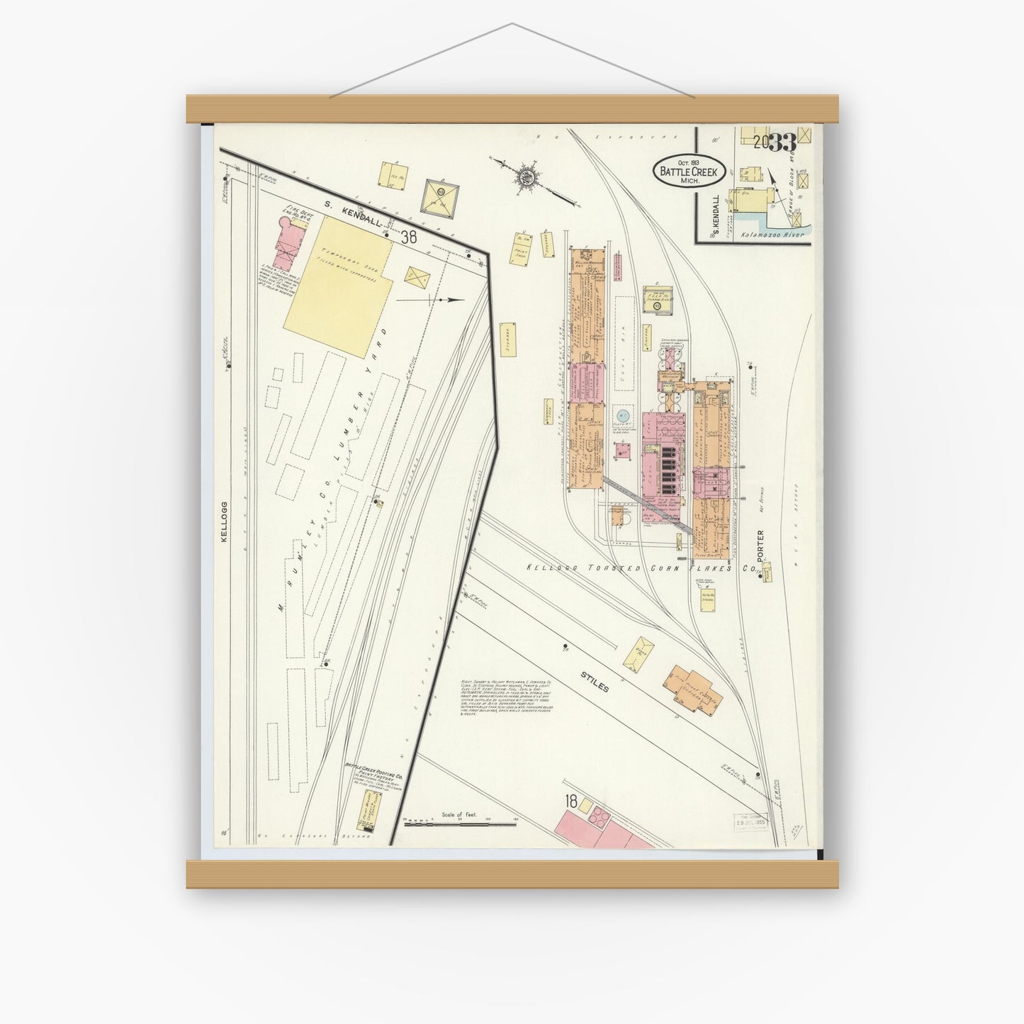 Old map wall art mockup — magnetic wood frame on white wall — Sanborn Fire Insurance Map from Battle Creek, Calhoun County, Michigan (1913), Sheet #0033