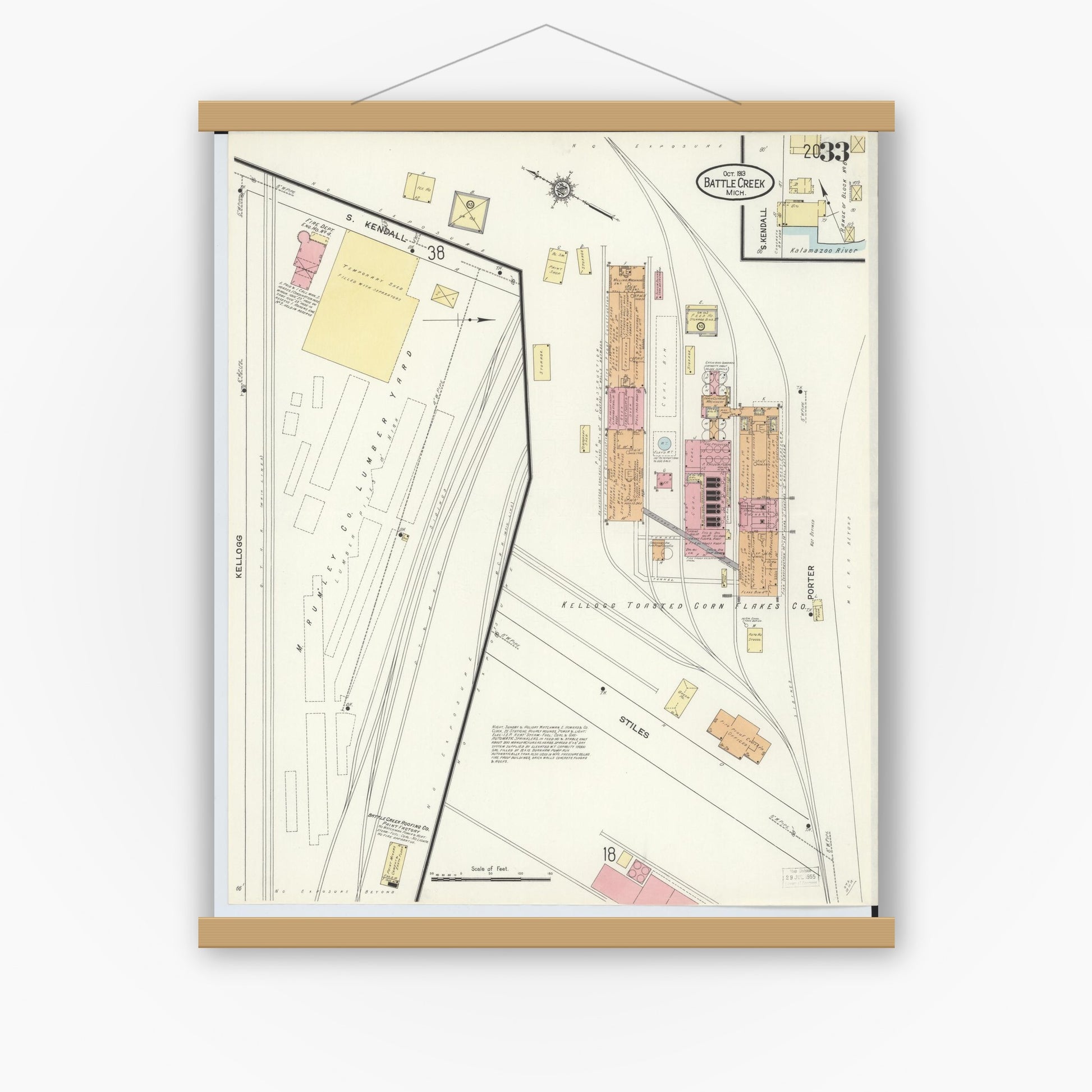 Old map wall art mockup — magnetic wood frame on white wall — Sanborn Fire Insurance Map from Battle Creek, Calhoun County, Michigan (1913), Sheet #0033