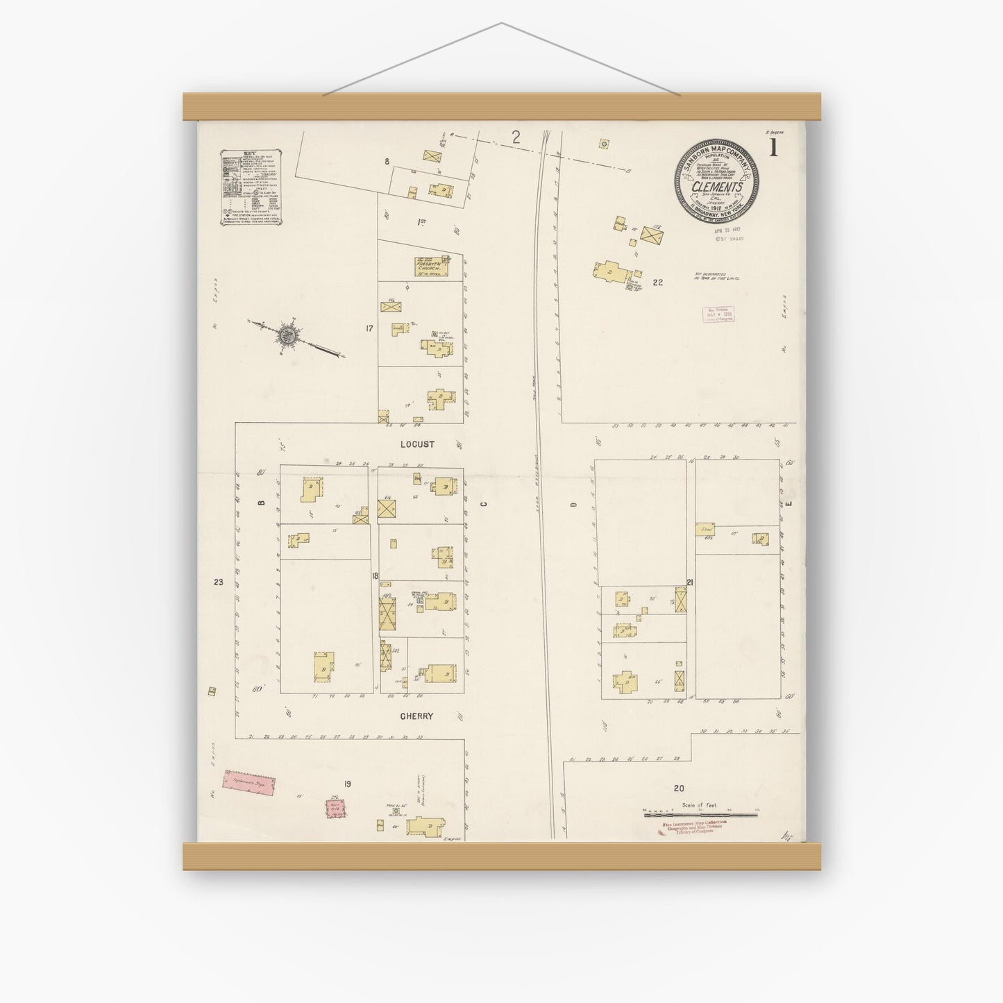 Old map wall art mockup — magnetic wood frame on white wall — Sanborn Fire Insurance Map from Clements, San Joaquin County, California (1912) - Complete Map Set