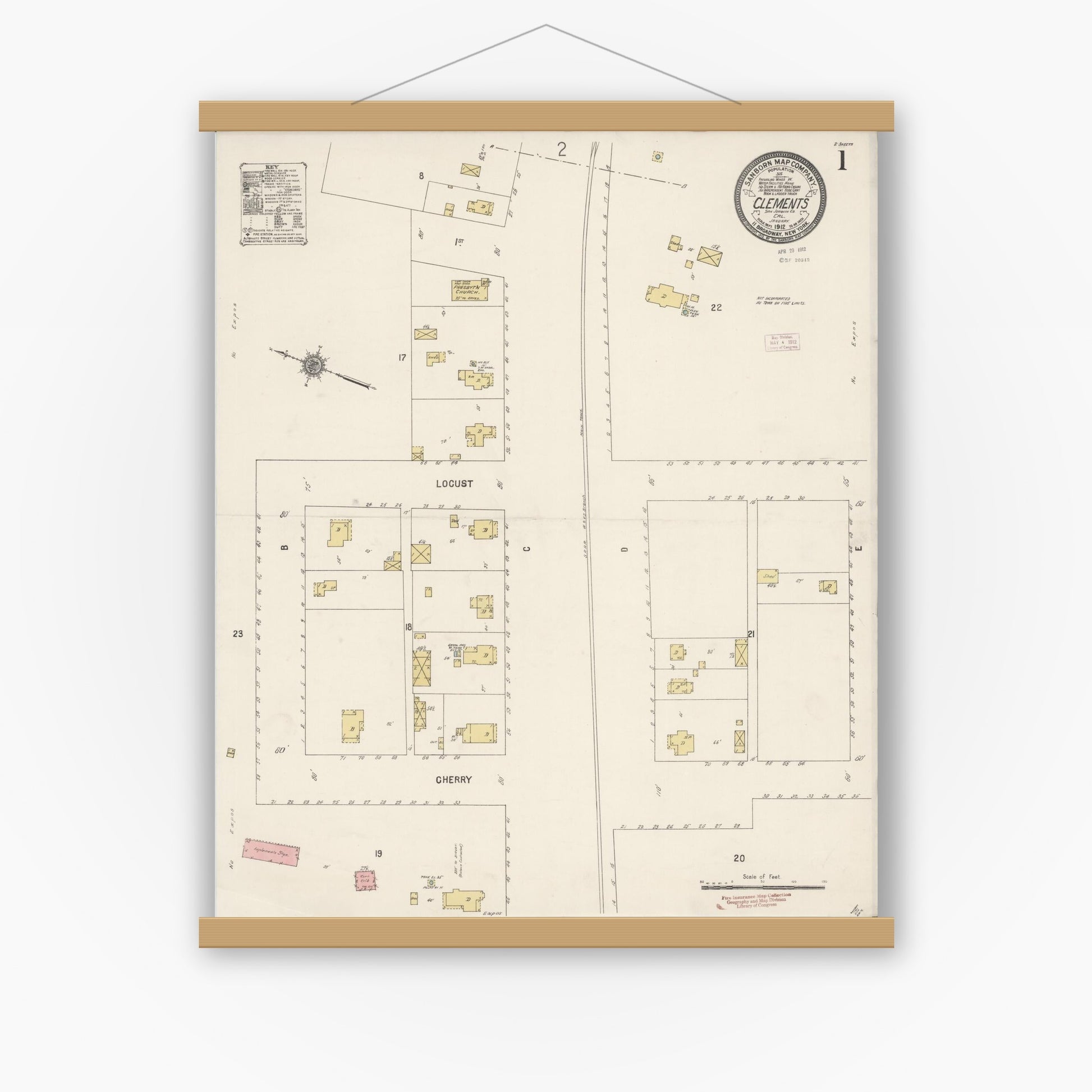 Old map wall art mockup — magnetic wood frame on white wall — Sanborn Fire Insurance Map from Clements, San Joaquin County, California (1912) - Complete Map Set