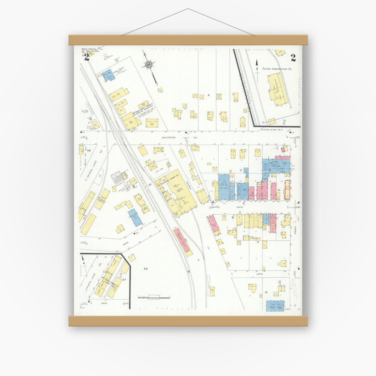 Old map wall art mockup — magnetic wood frame on white wall — Sanborn Fire Insurance Map from McHenry, McHenry County, Illinois (1933), Sheet #0002