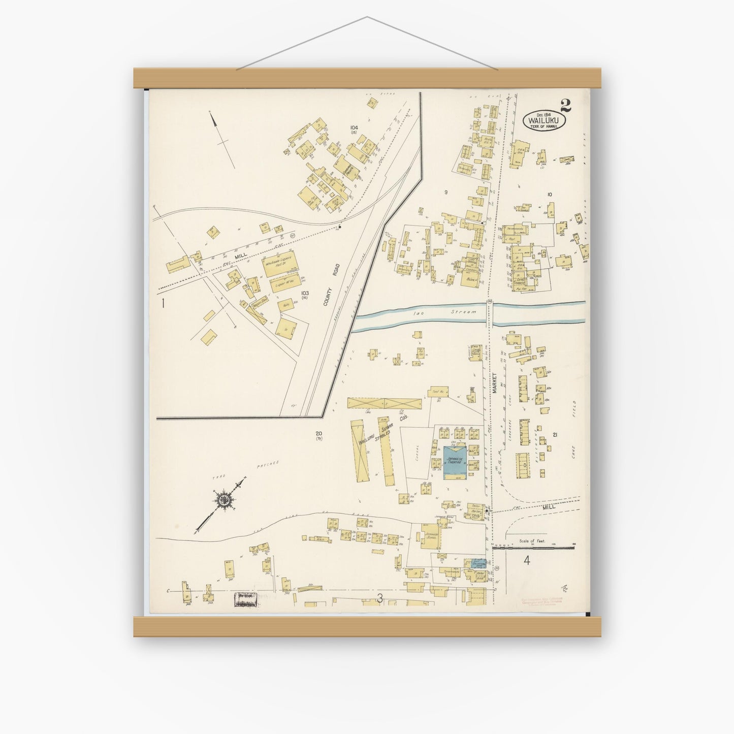 Old map wall art mockup — magnetic wood frame on white wall — Sanborn Fire Insurance Map from Wailuku, Maui County, Hawaii (1914), Sheet #0002