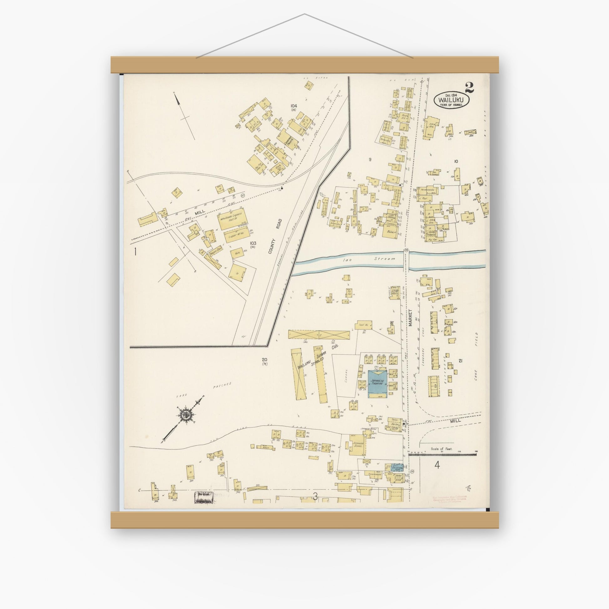 Old map wall art mockup — magnetic wood frame on white wall — Sanborn Fire Insurance Map from Wailuku, Maui County, Hawaii (1914), Sheet #0002