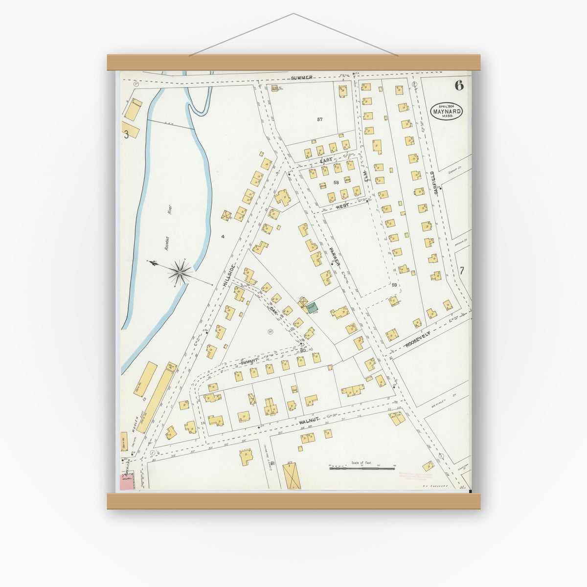 Old map wall art mockup — magnetic wood frame on white wall — Sanborn Fire Insurance Map from Maynard, Middlesex County, Massachusetts (1904), Sheet #0006