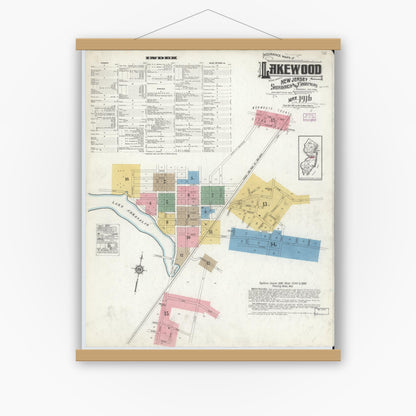 Old map wall art mockup — magnetic wood frame on white wall — Sanborn Fire Insurance Map from Lakewood, Ocean County, New Jersey (1916), Sheet #0001