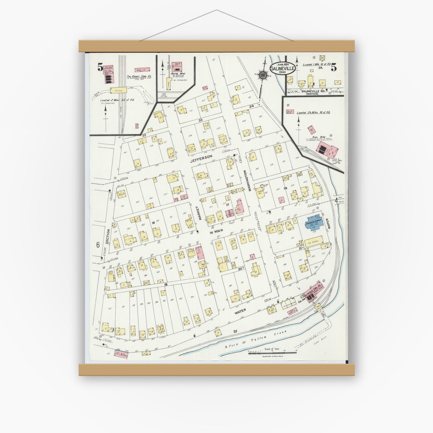 Old map wall art mockup — magnetic wood frame on white wall — Sanborn Fire Insurance Map from Salineville, Columbiana County, Ohio (1924), Sheet #0005