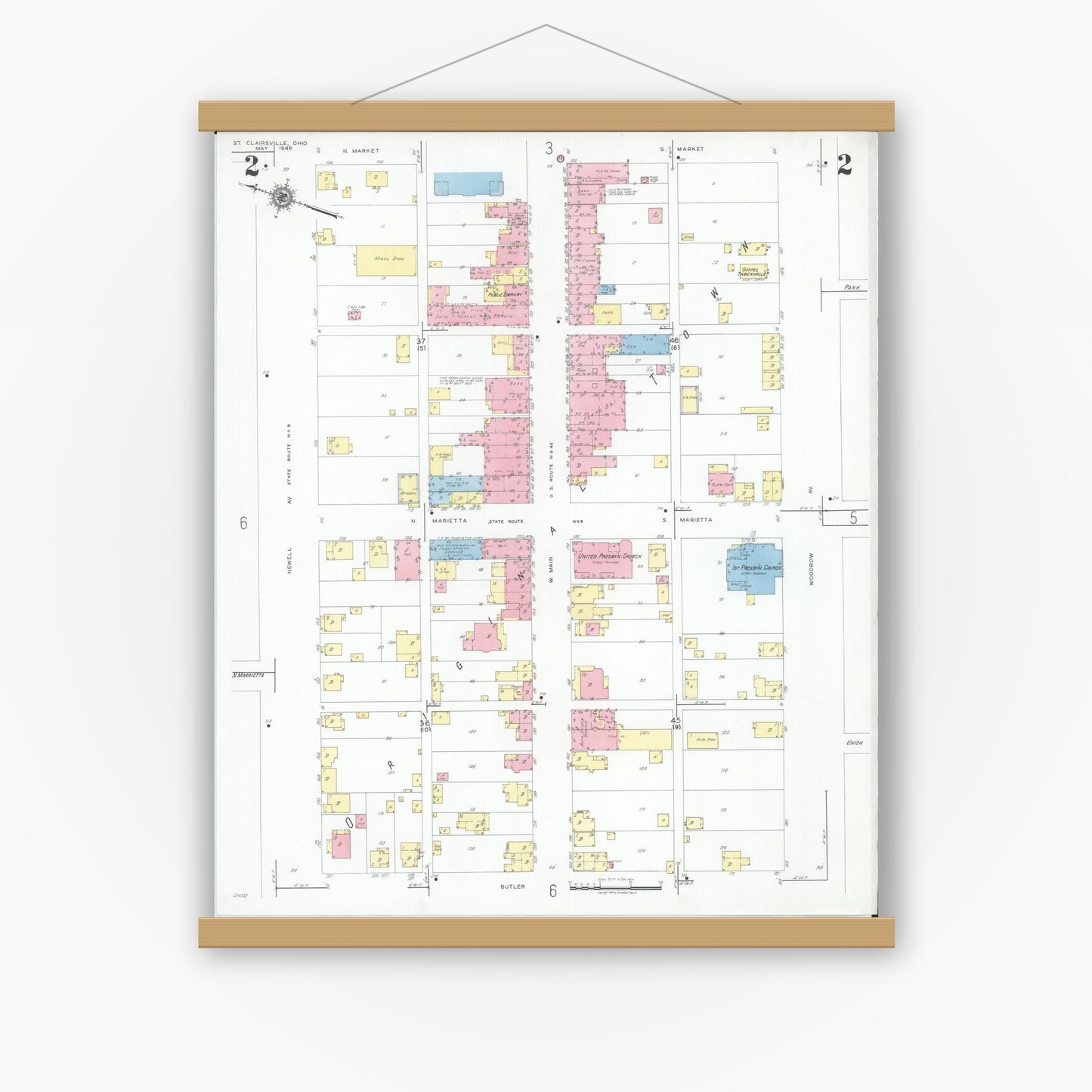 Old map wall art mockup — magnetic wood frame on white wall — Sanborn Fire Insurance Map from Saint Clairsville, Belmont County, Ohio (1946), Sheet #0002