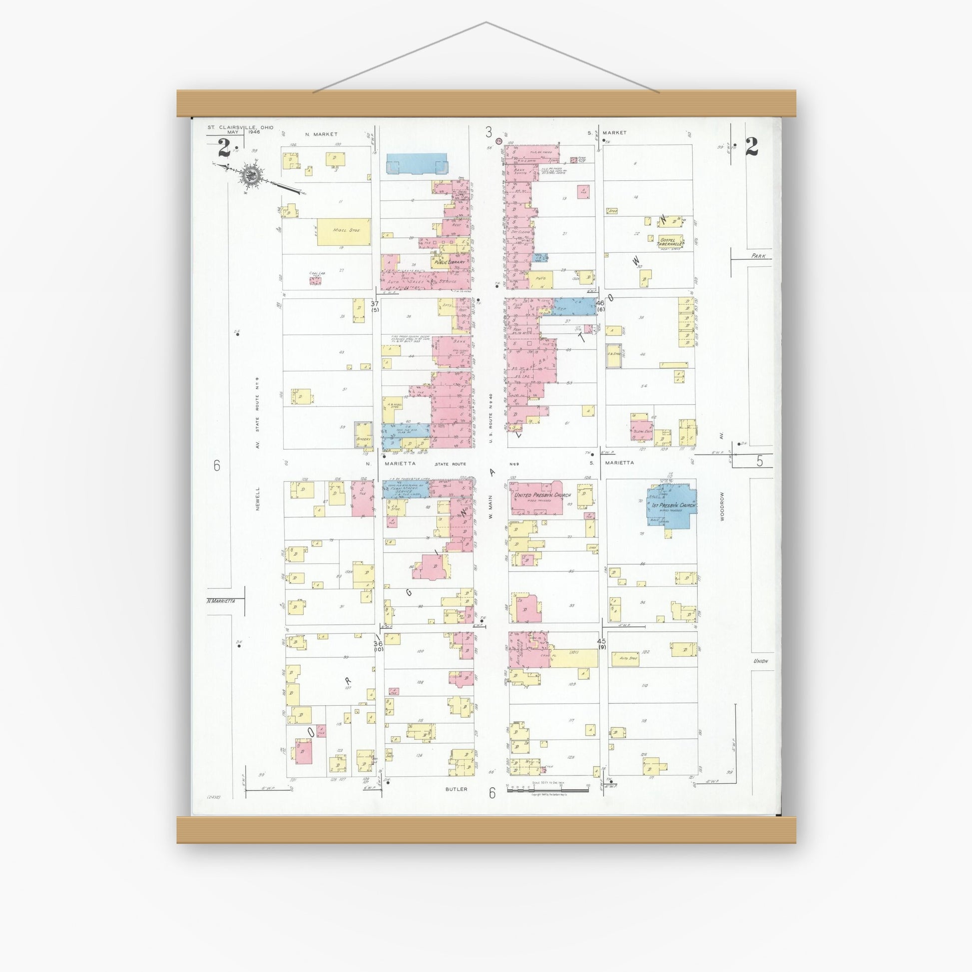 Old map wall art mockup — magnetic wood frame on white wall — Sanborn Fire Insurance Map from Saint Clairsville, Belmont County, Ohio (1946), Sheet #0002