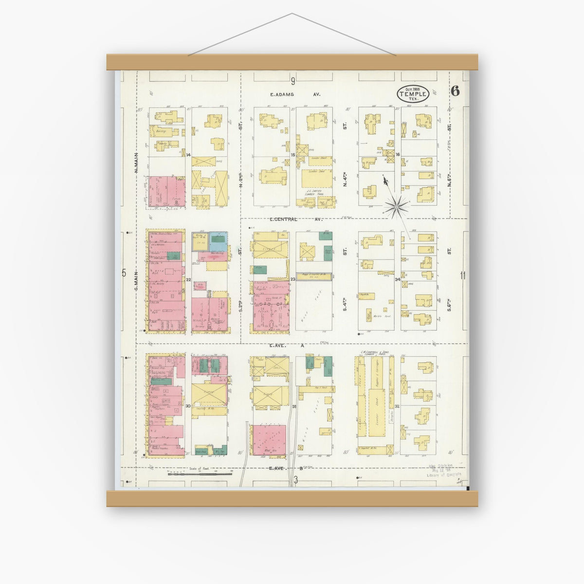 Old map wall art mockup — magnetic wood frame on white wall — Sanborn Fire Insurance Map from Temple, Bell County, Texas (1905), Sheet #0006