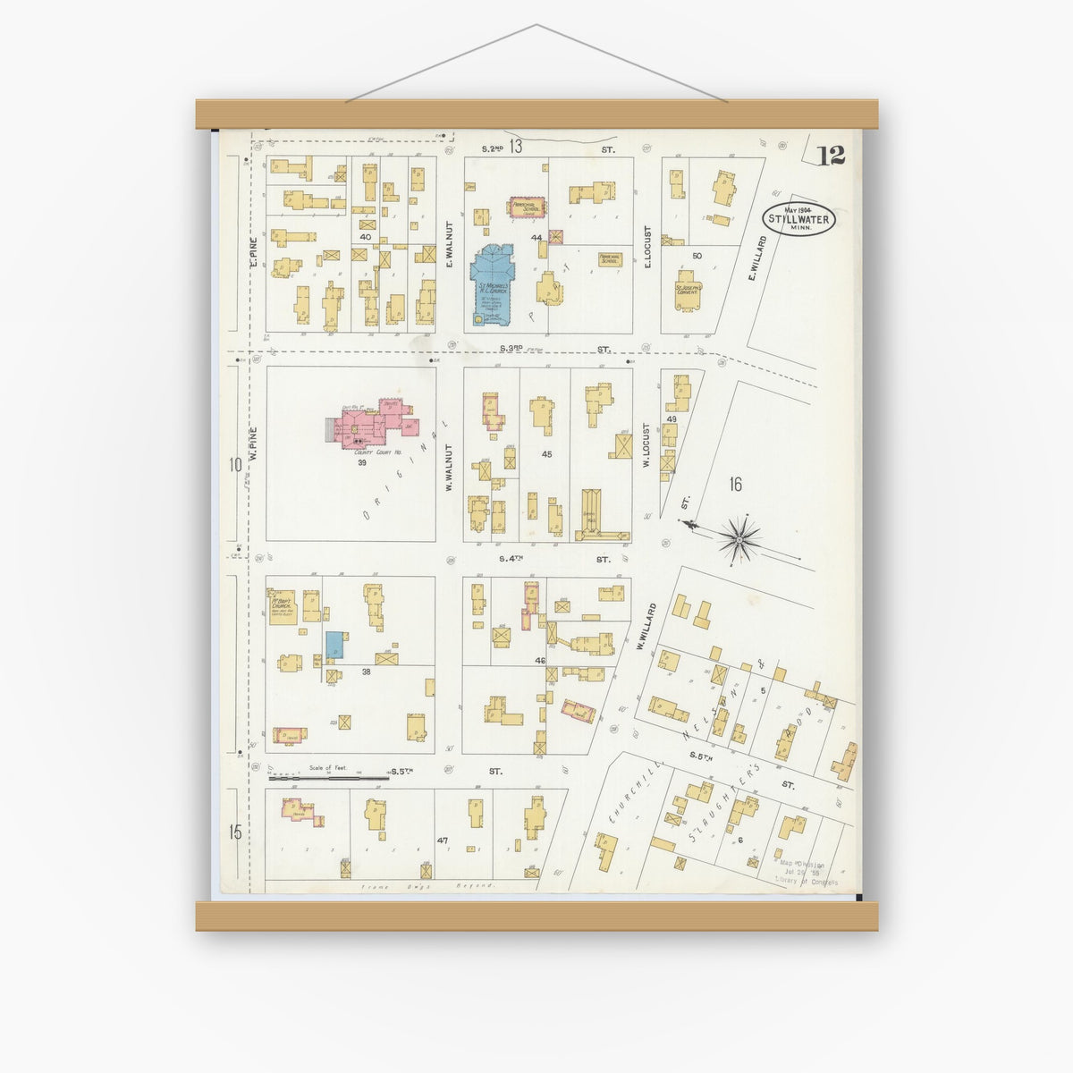 Old map wall art mockup — magnetic wood frame on white wall — Sanborn Fire Insurance Map from Stillwater, Washington County, Minnesota (1904), Sheet #0012