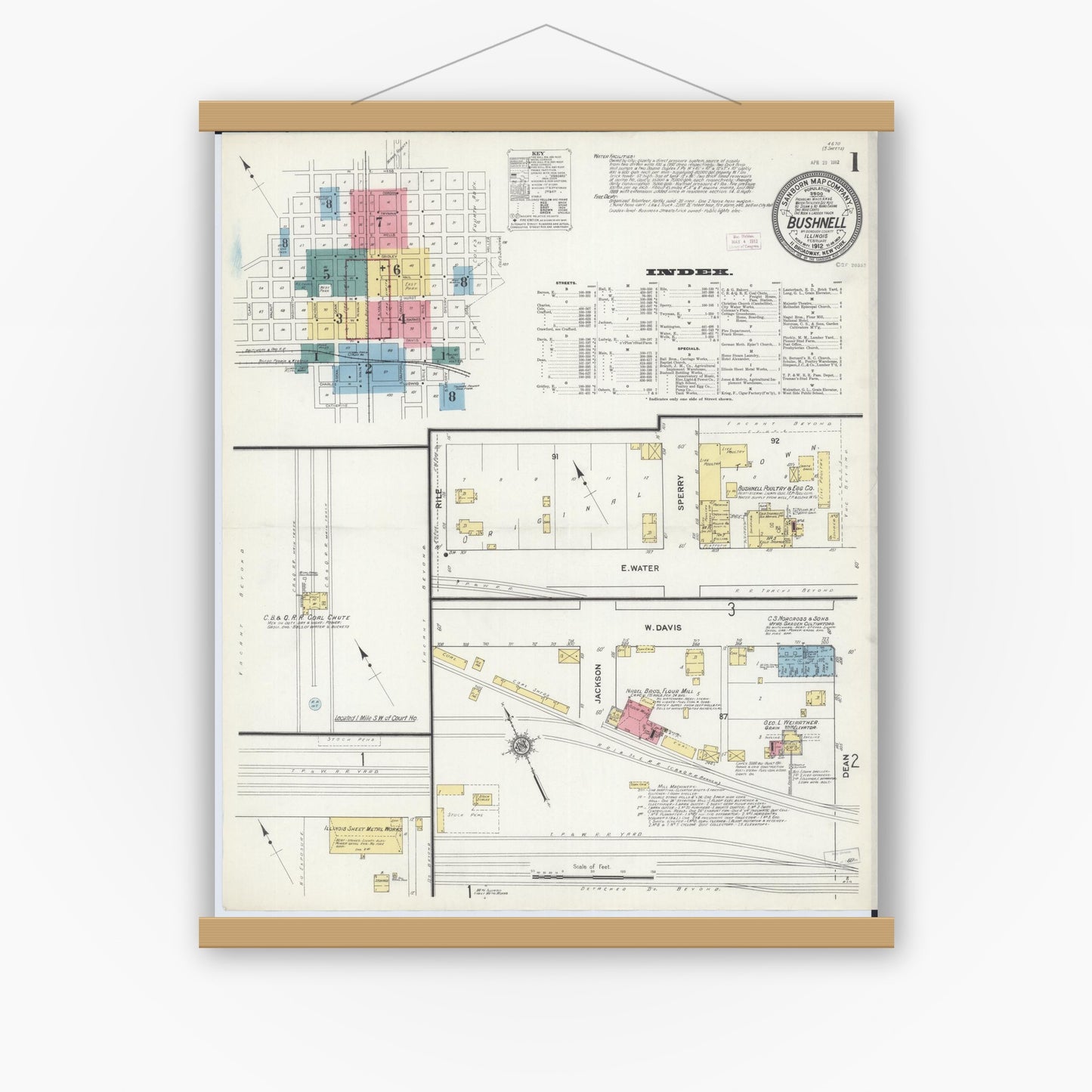 Old map wall art mockup — magnetic wood frame on white wall — Sanborn Fire Insurance Map from Bushnell, Mcdonough County, Illinois (1912) - Complete Map Set