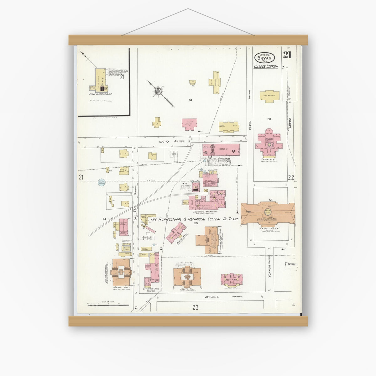 Old map wall art mockup — magnetic wood frame on white wall — Sanborn Fire Insurance Map from Bryan, Brazos County, Texas (1912), Sheet #0021