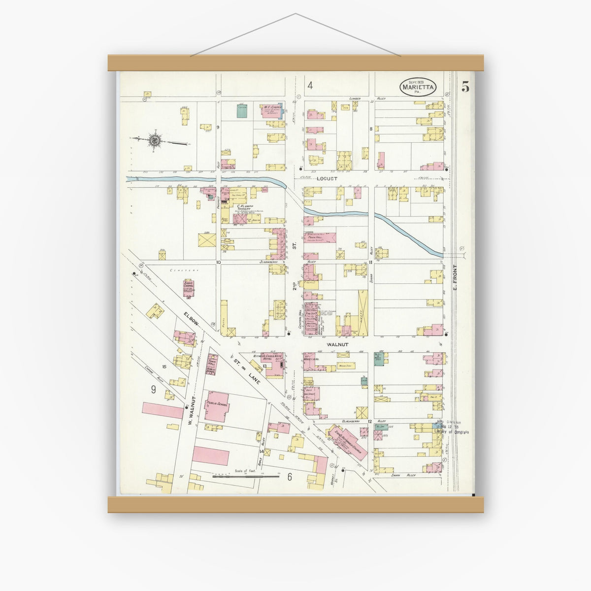 Old map wall art mockup — magnetic wood frame on white wall — Sanborn Fire Insurance Map from Marietta, Lancaster County, Pennsylvania (1909), Sheet #0005