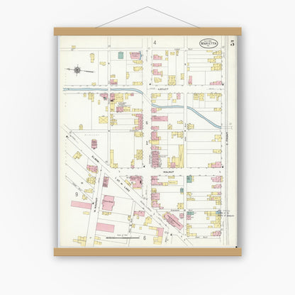 Old map wall art mockup — magnetic wood frame on white wall — Sanborn Fire Insurance Map from Marietta, Lancaster County, Pennsylvania (1909), Sheet #0005