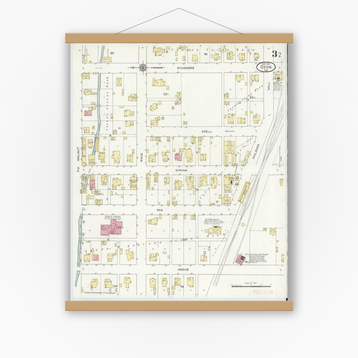 Old map wall art mockup — magnetic wood frame on white wall — Sanborn Fire Insurance Map from Odon, Daviess County, Indiana (1913), Sheet #0003